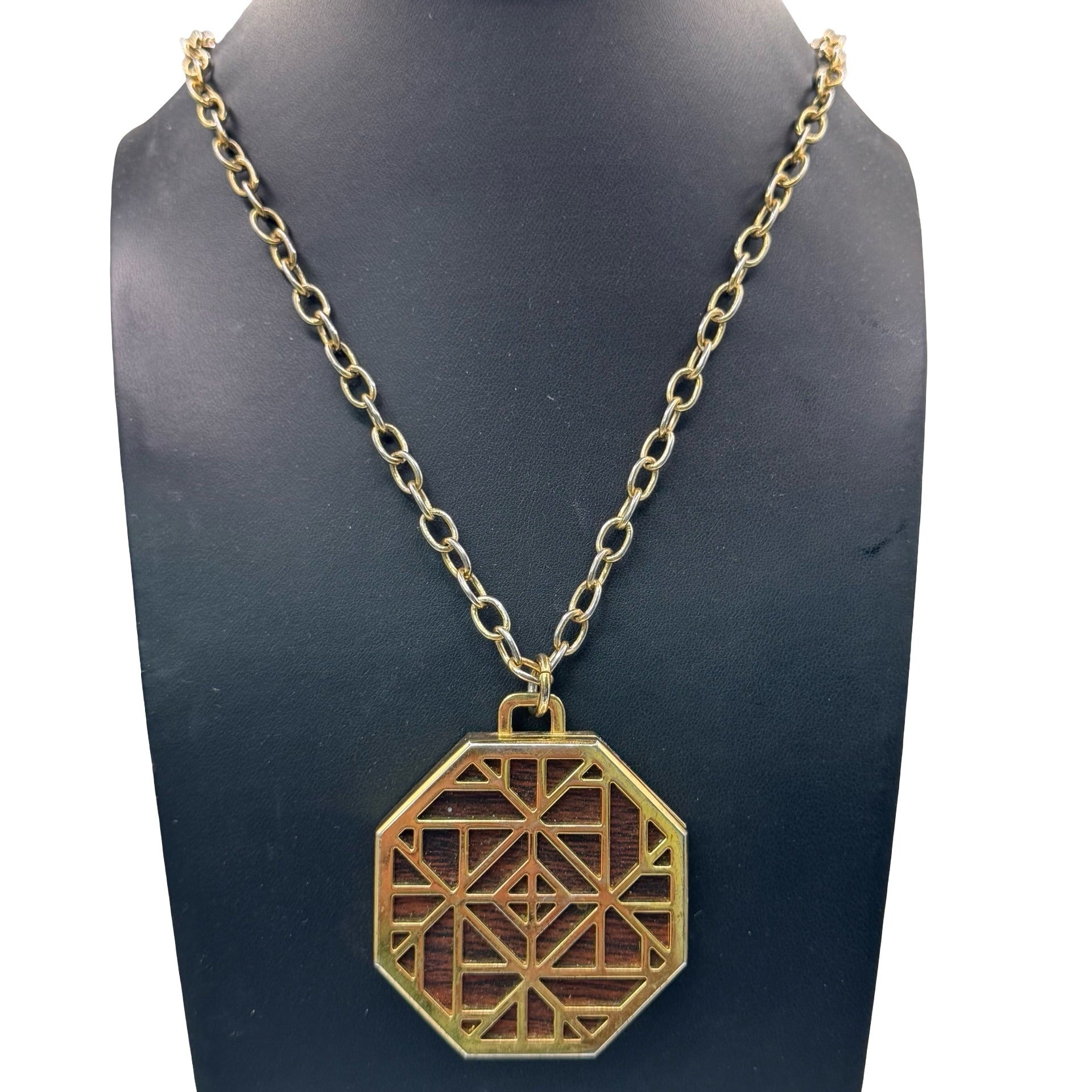Tory Burch Gold Octagon Pendant Necklace Solid Perfume Geometric Design 29" Wood