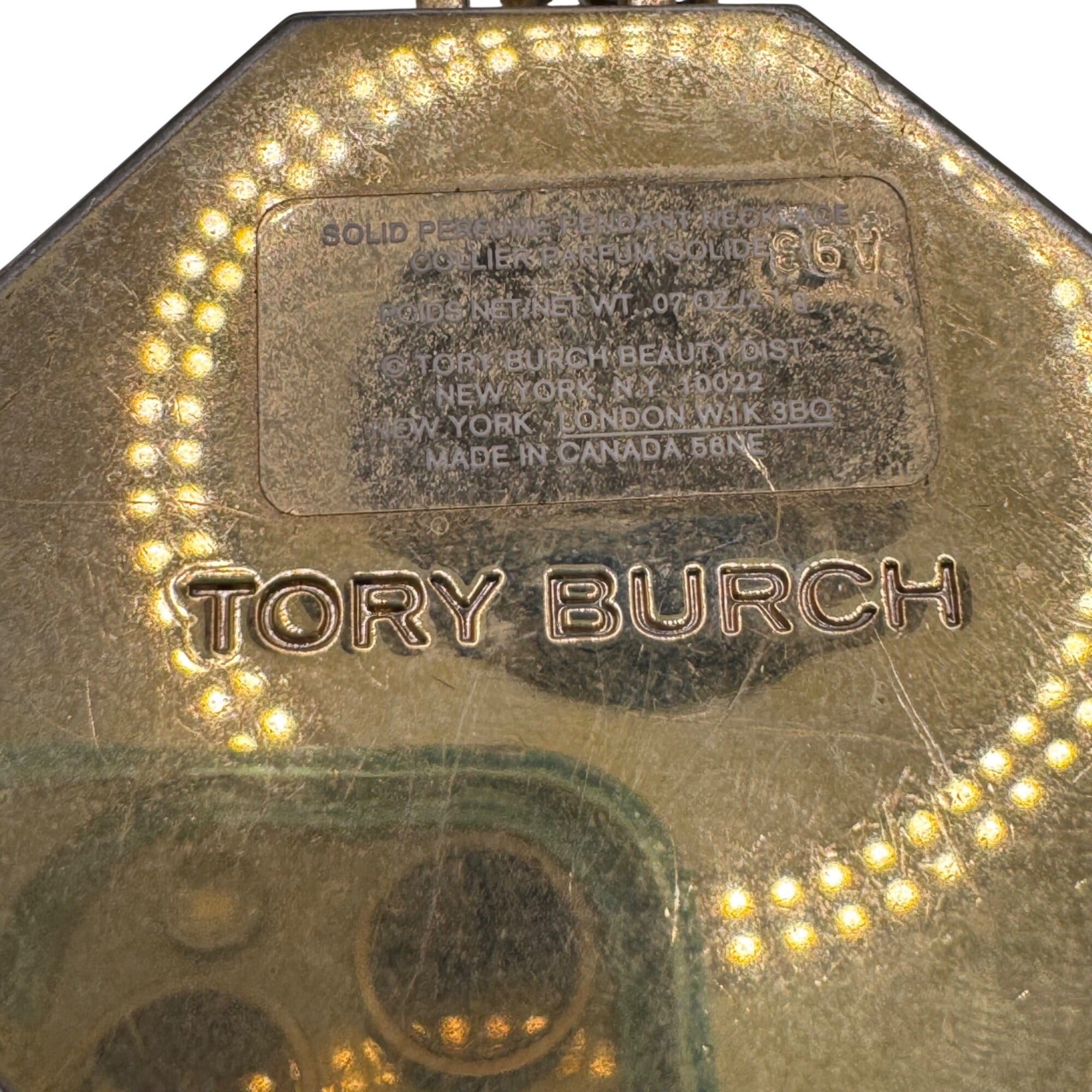 Tory Burch Gold Octagon Pendant Necklace Solid Perfume Geometric Design 29" Wood