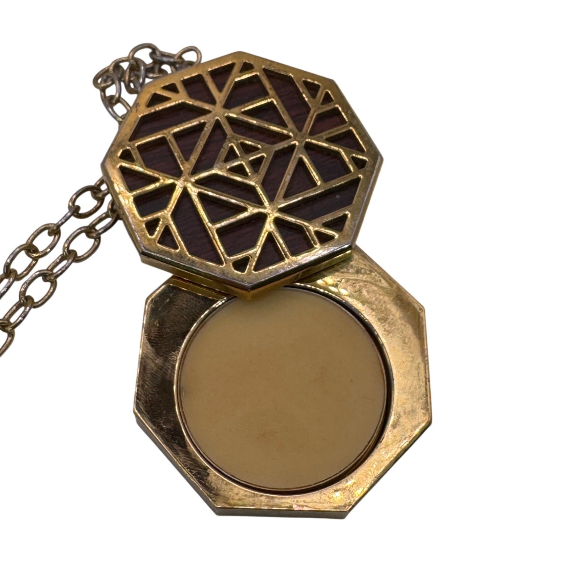 Tory Burch Gold Octagon Pendant Necklace Solid Perfume Geometric Design 29" Wood
