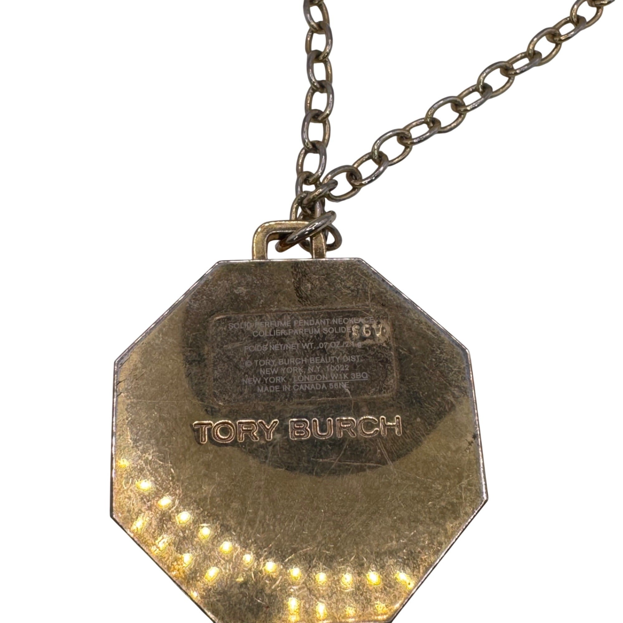Tory Burch Gold Octagon Pendant Necklace Solid Perfume Geometric Design 29" Wood