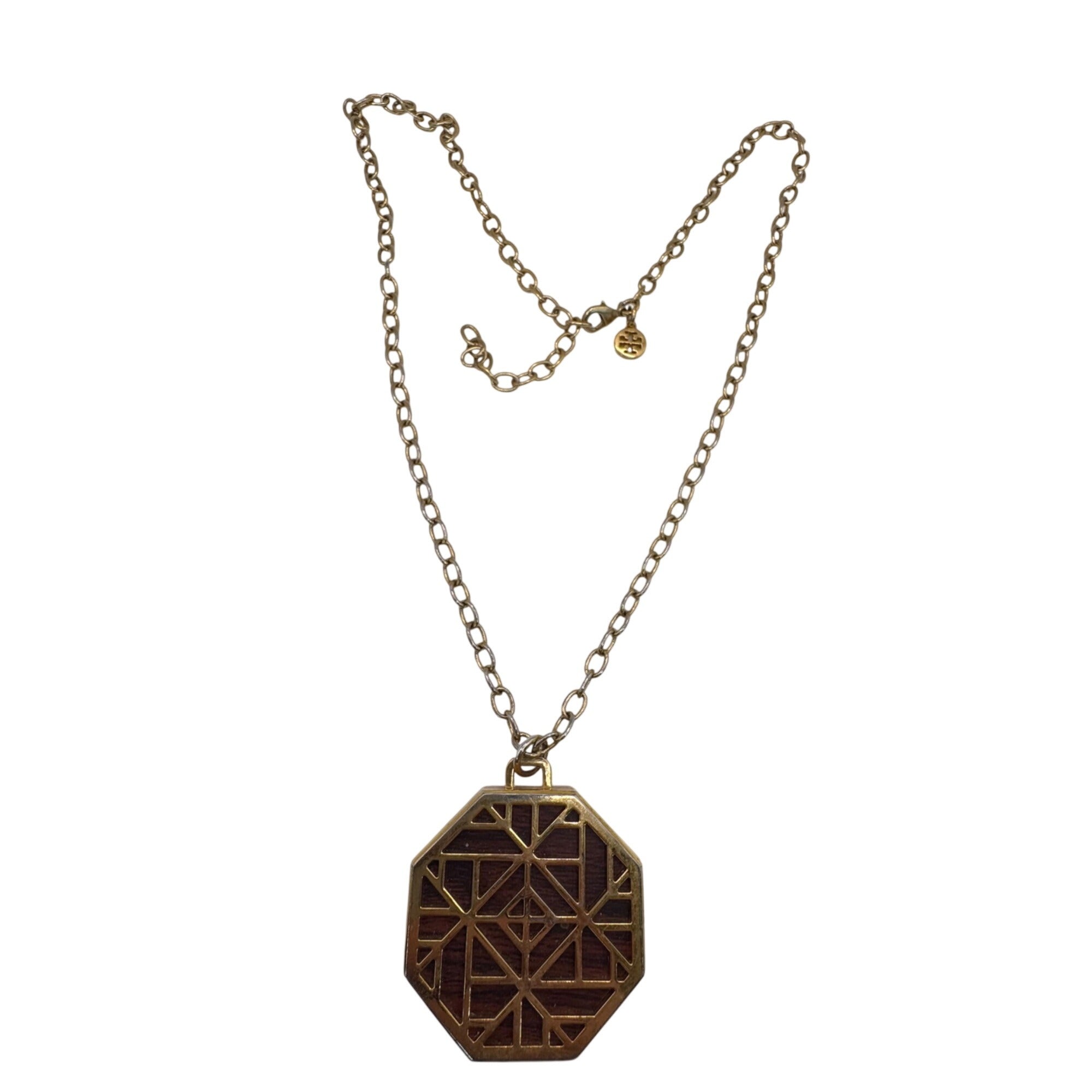 Tory Burch Gold Octagon Pendant Necklace Solid Perfume Geometric Design 29" Wood