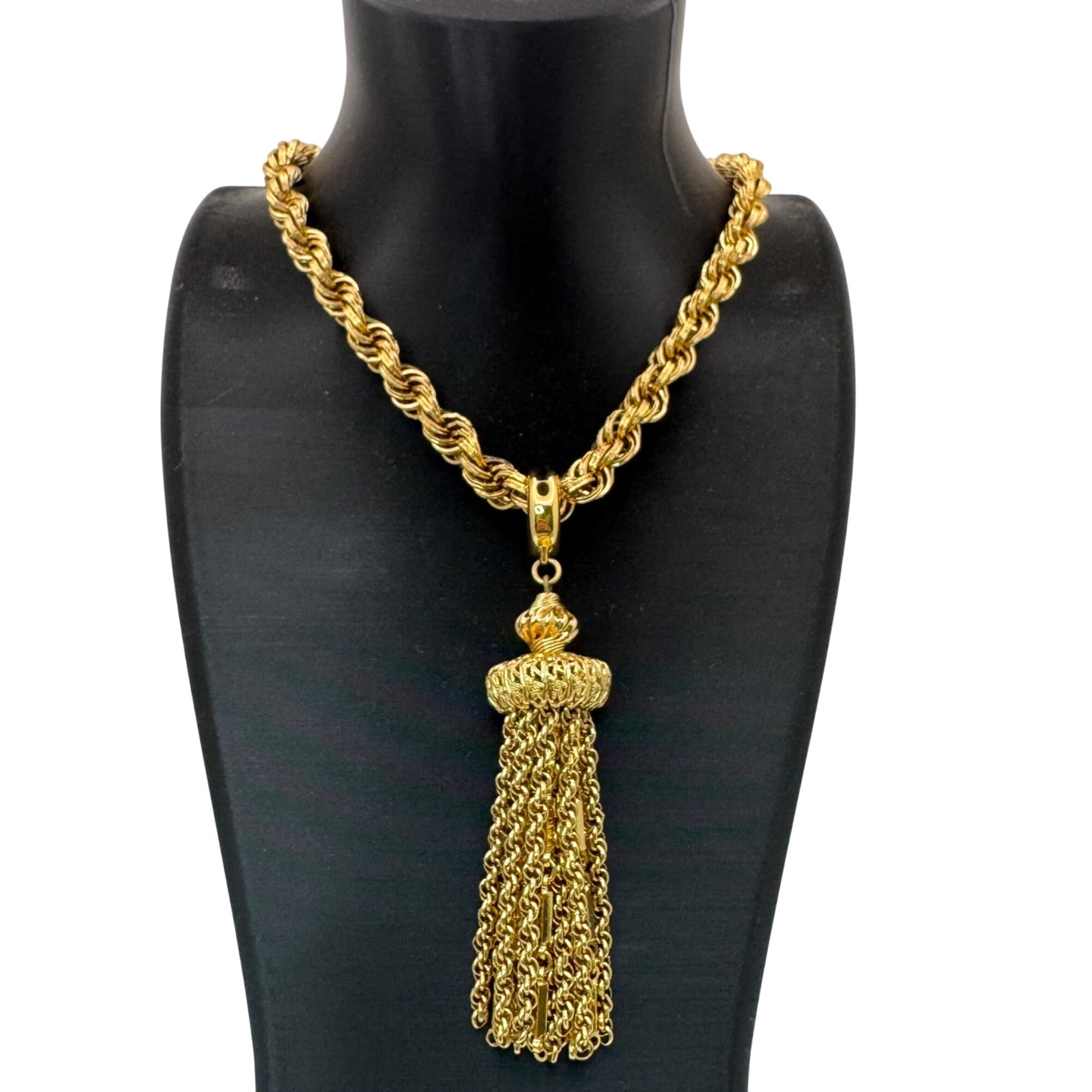Monet Damita matinee tassel necklace gold tone rope chain 24" Book Piece 1960s