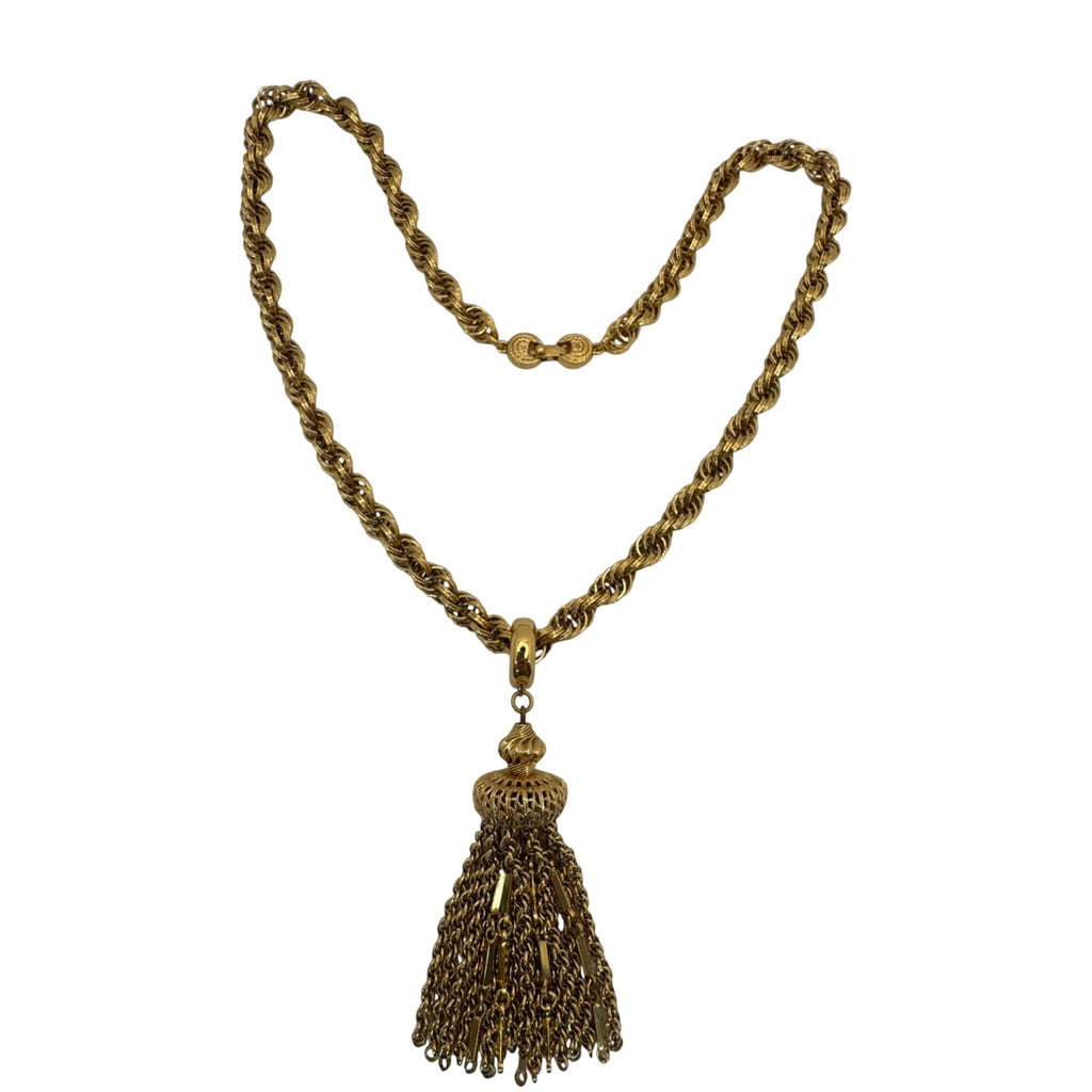 Monet Damita matinee tassel necklace gold tone rope chain 24" Book Piece 1960s