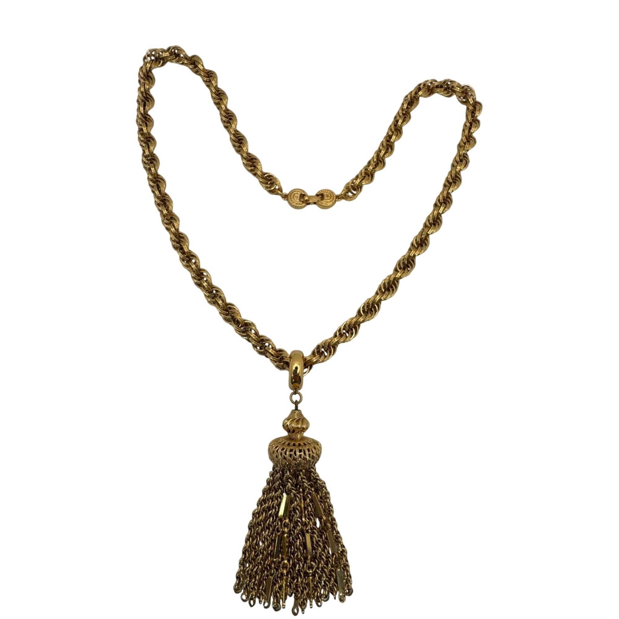 Monet Damita matinee tassel necklace gold tone rope chain 24" Book Piece 1960s