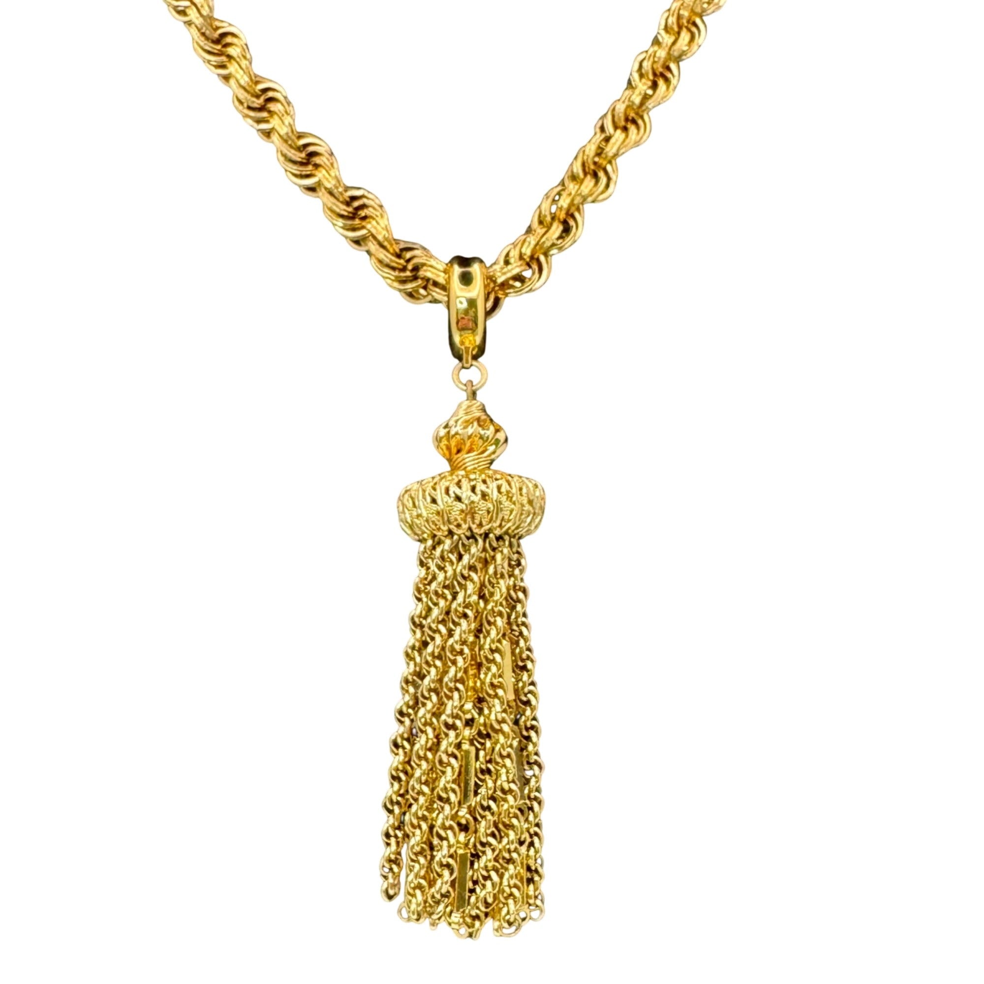 Monet Damita matinee tassel necklace gold tone rope chain 24" Book Piece 1960s