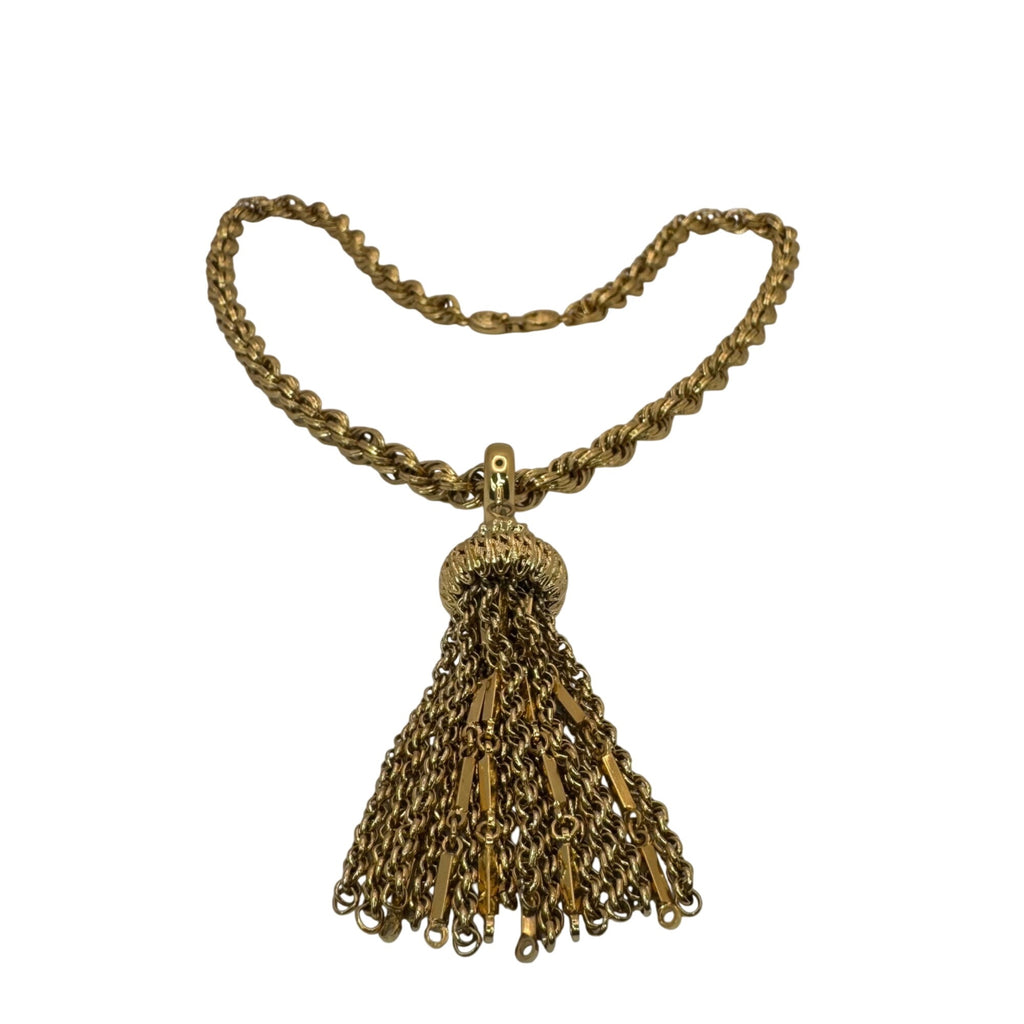 Monet Damita matinee tassel necklace gold tone rope chain 24" Book Piece 1960s