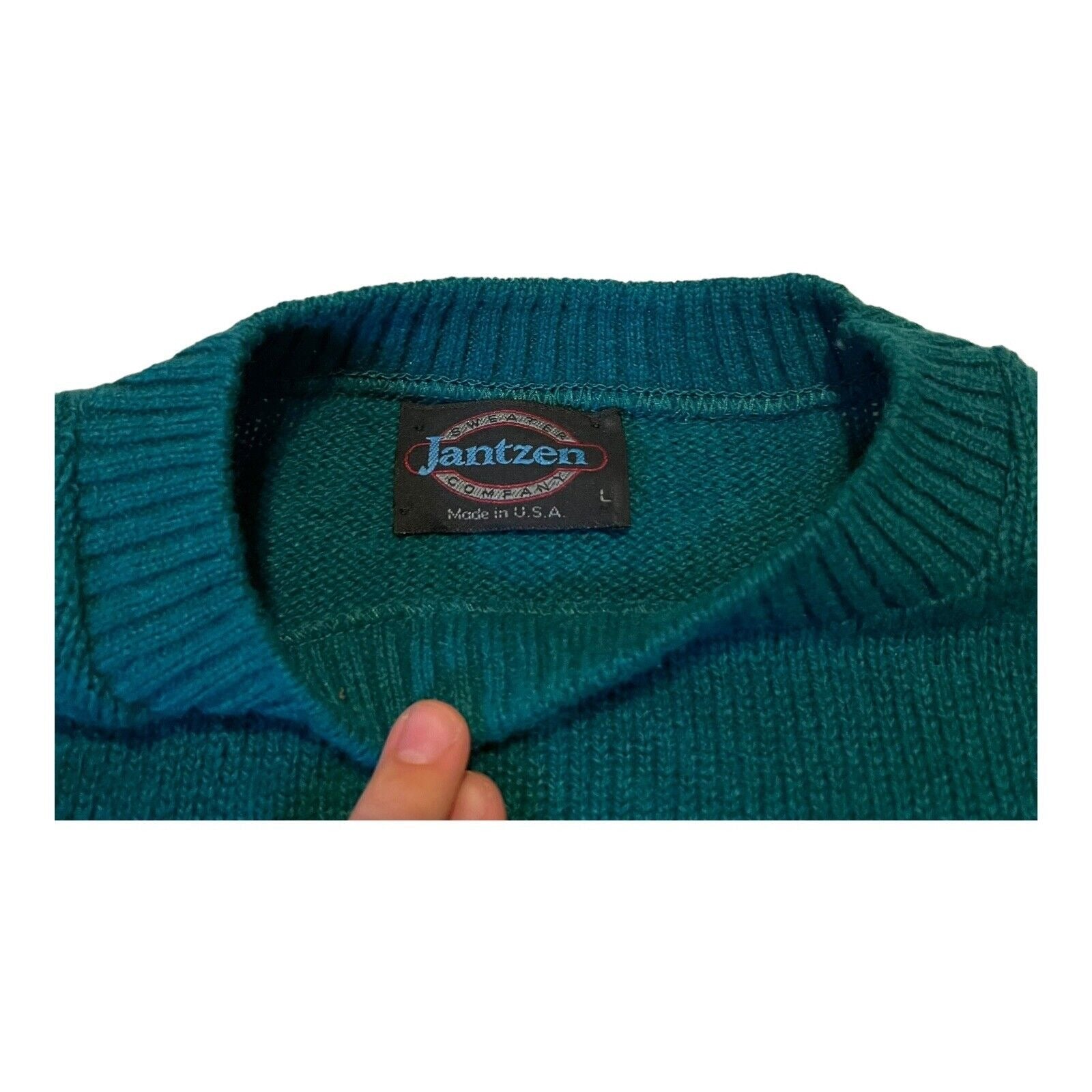 Vintage Jantzen Blue Green Teal Grandpa Preppy Knit Pullover Sweater Large USA