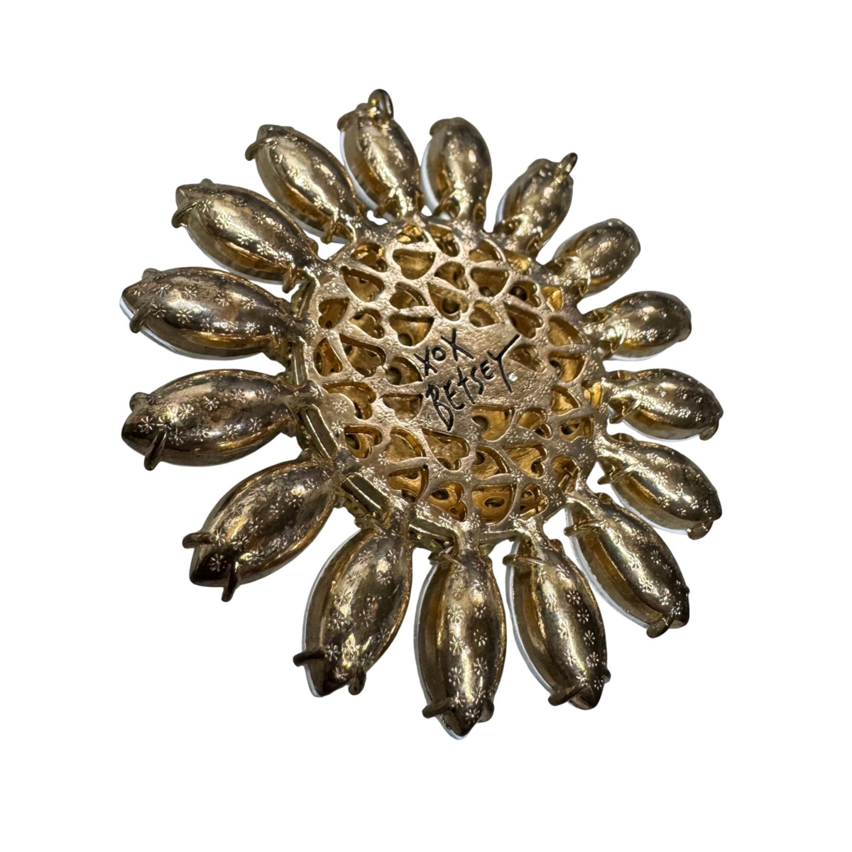 Betsey Johnson Large Statement Pendant Gold-Tone Sunflower Yellow Rhinestones 3"