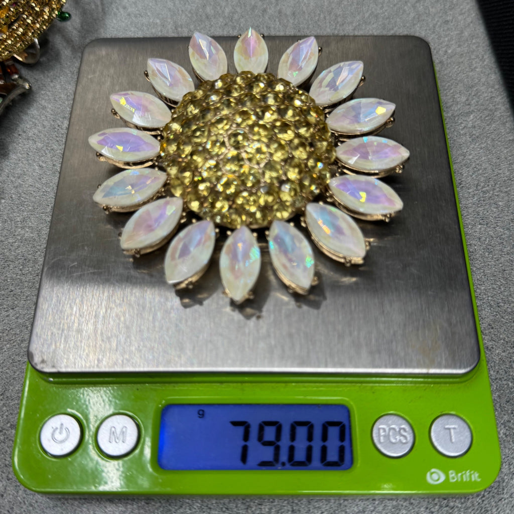 Betsey Johnson Large Statement Pendant Gold-Tone Sunflower Yellow Rhinestones 3"