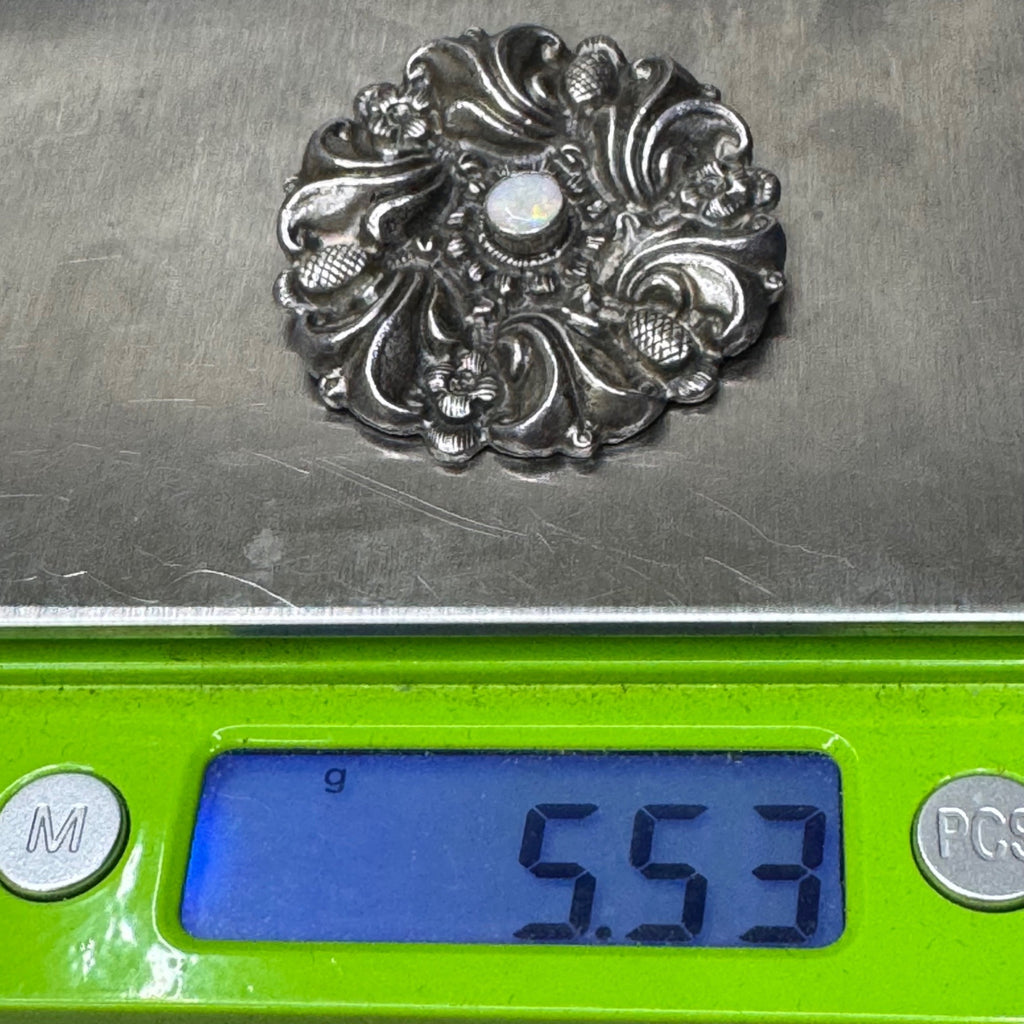 Sterling Opal Art Deco Pendant Floral Design 925 1.75"  Scroll Finial Victorian