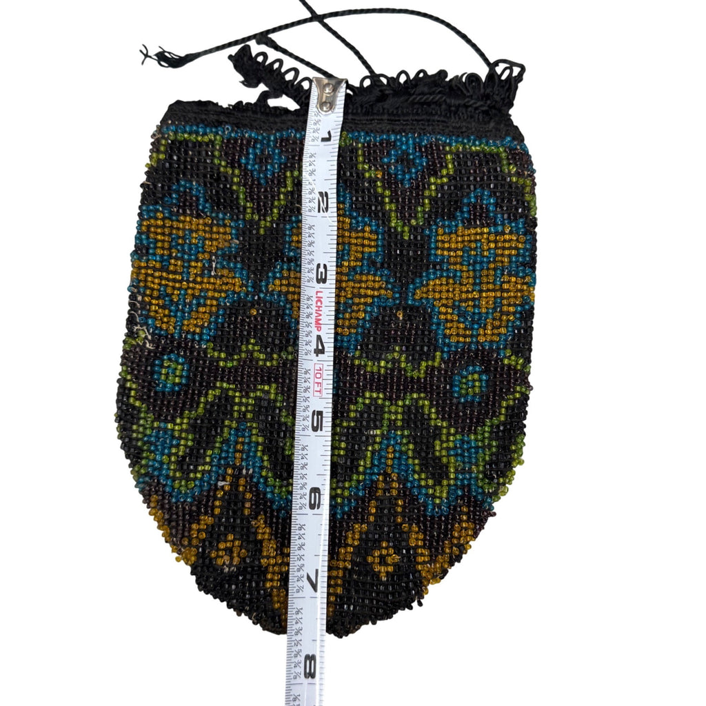 Antique Art Deco Hand-Beaded Drawstring Pouch Flapper Floral Clutch Purse READ