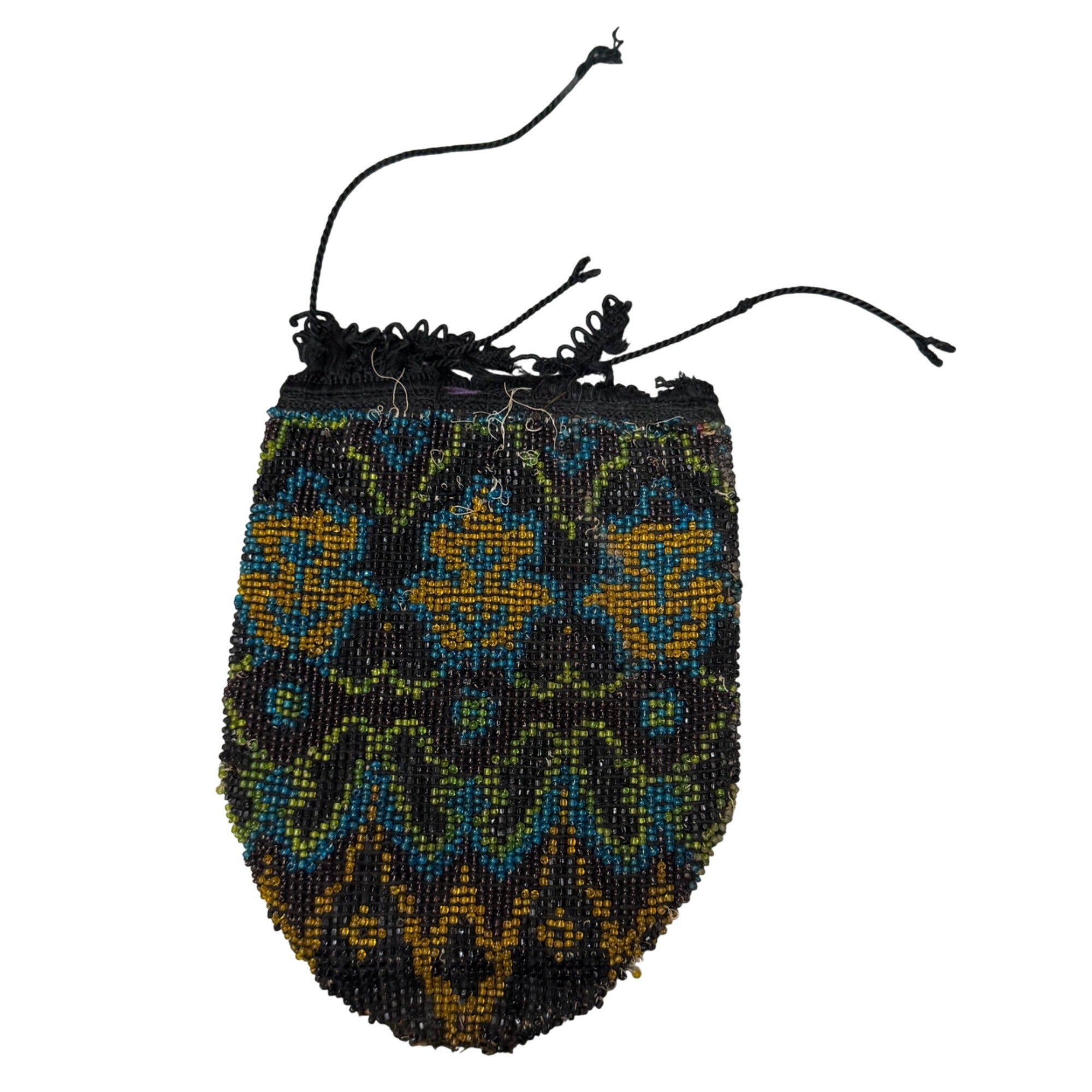 Antique Art Deco Hand-Beaded Drawstring Pouch Flapper Floral Clutch Purse READ