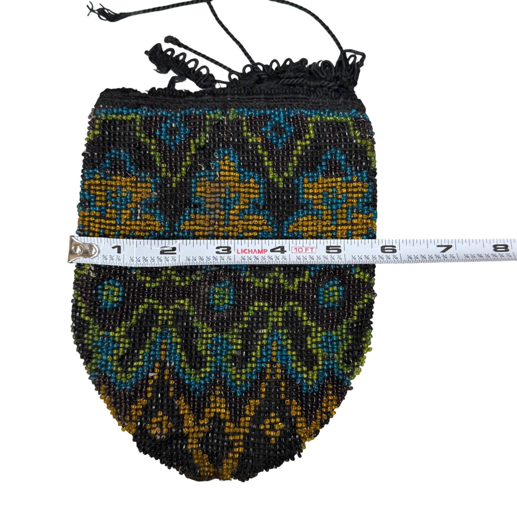 Antique Art Deco Hand-Beaded Drawstring Pouch Flapper Floral Clutch Purse READ