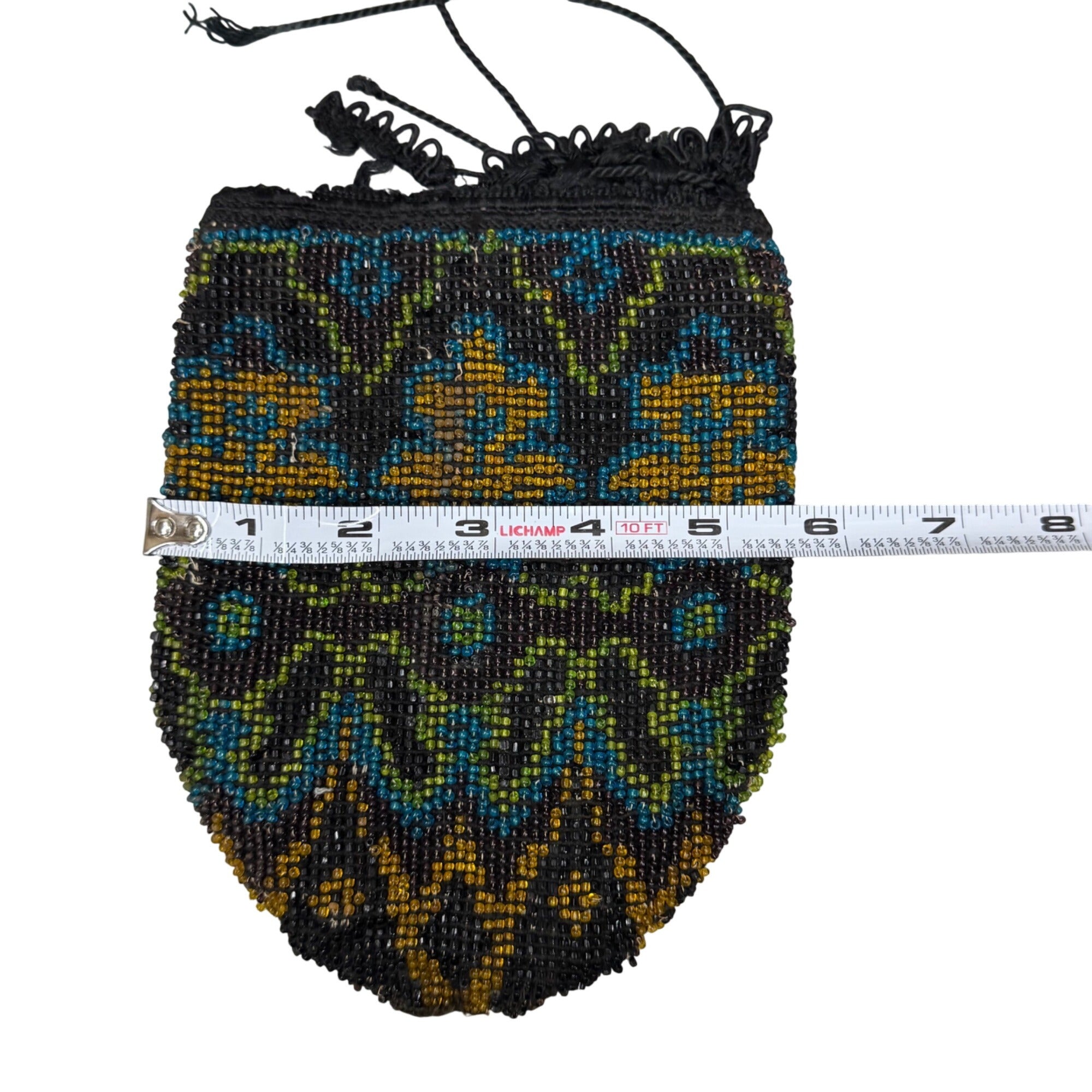 Antique Art Deco Hand-Beaded Drawstring Pouch Flapper Floral Clutch Purse READ
