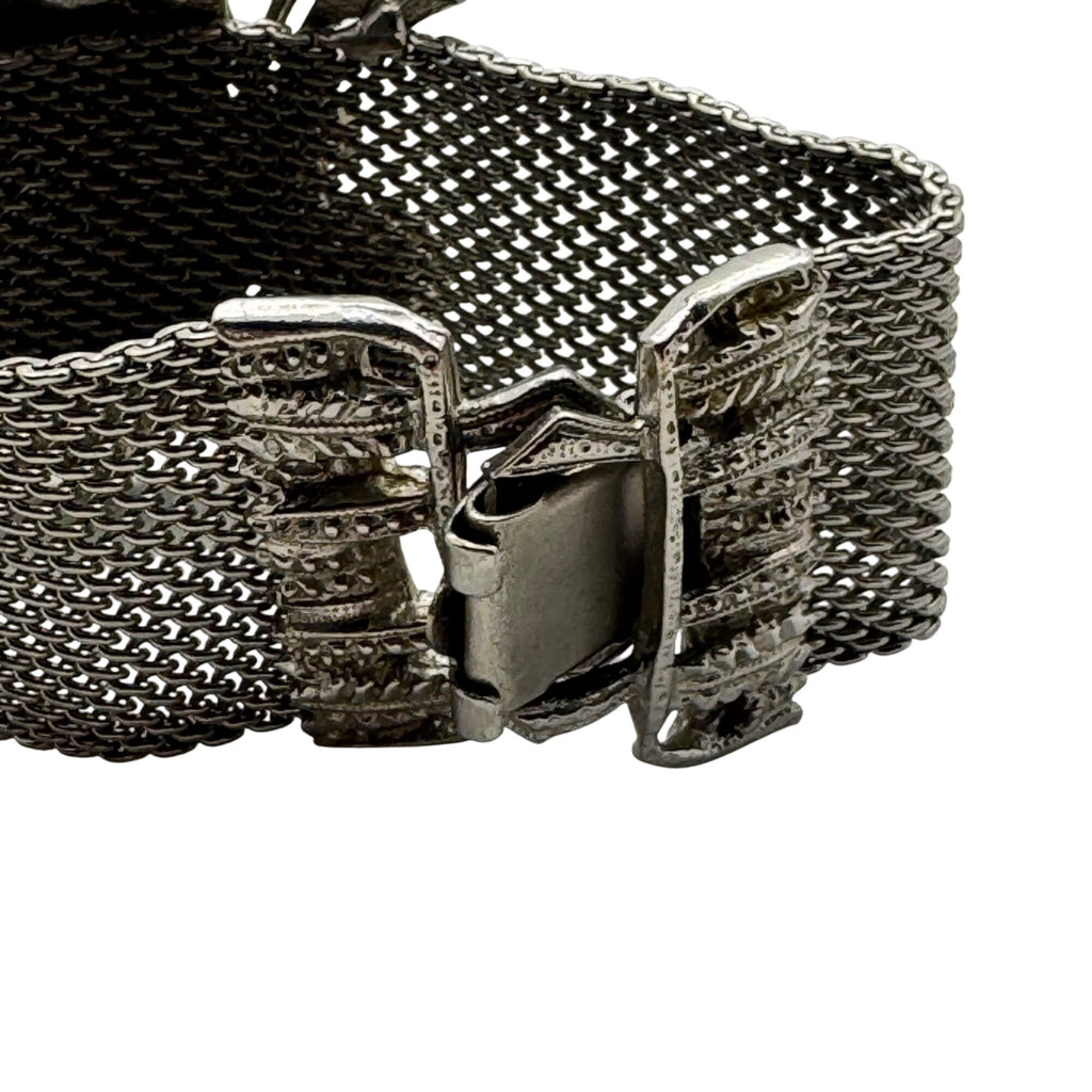 Art Deco Mesh Bracelet Rhinestone Statement Floral Design Silver-Tone 6" Vintage