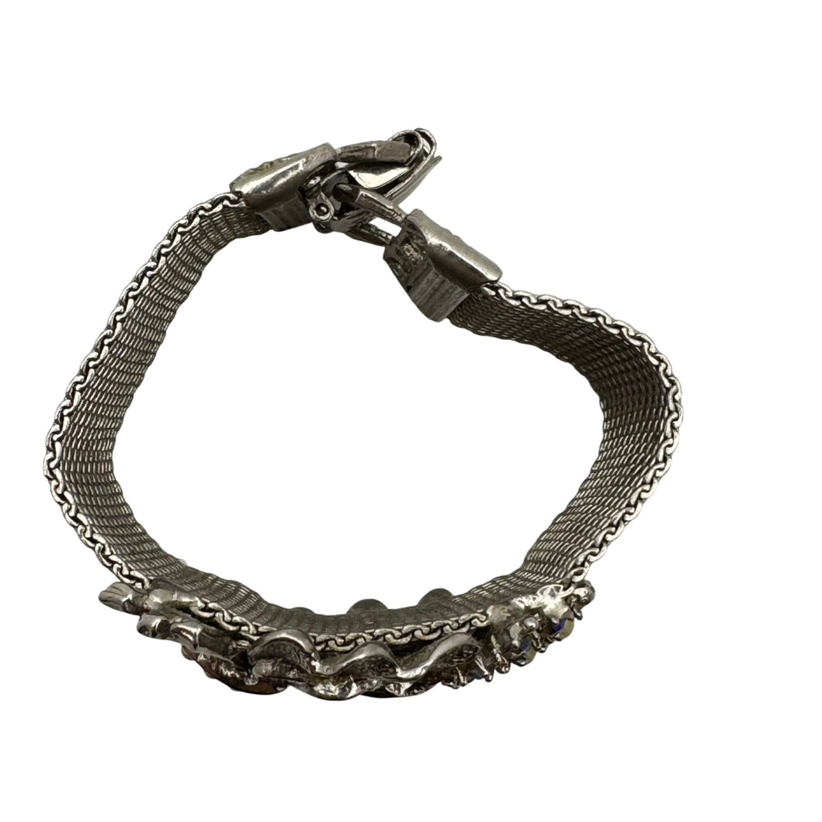 Art Deco Mesh Bracelet Rhinestone Statement Floral Design Silver-Tone 6" Vintage