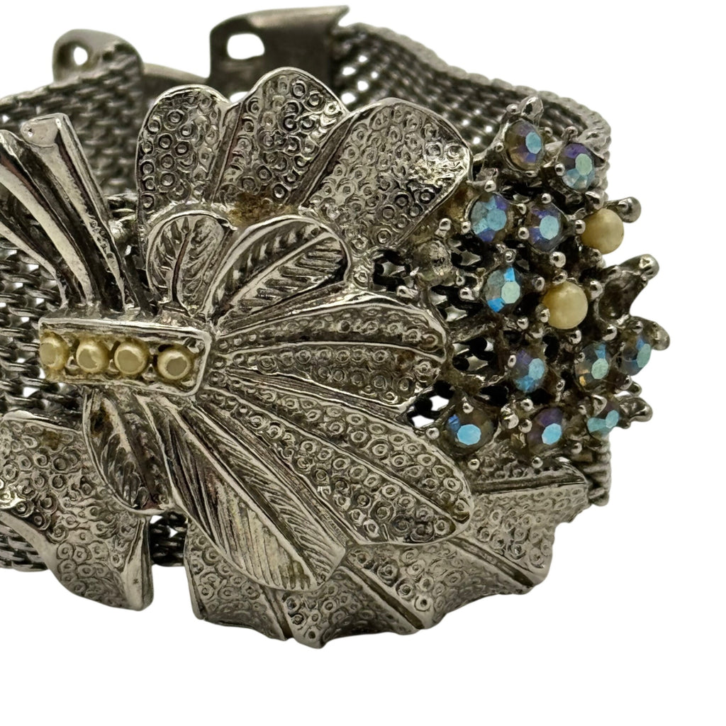 Art Deco Mesh Bracelet Rhinestone Statement Floral Design Silver-Tone 6" Vintage