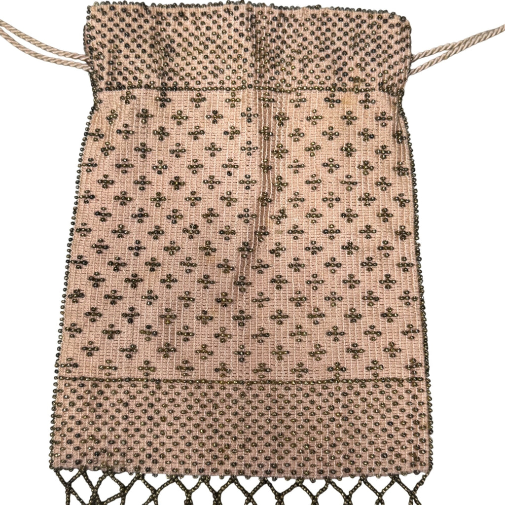 Antique 1920s Beaded Drawstring Evening Bag Change Coin Purse Gold White Rare