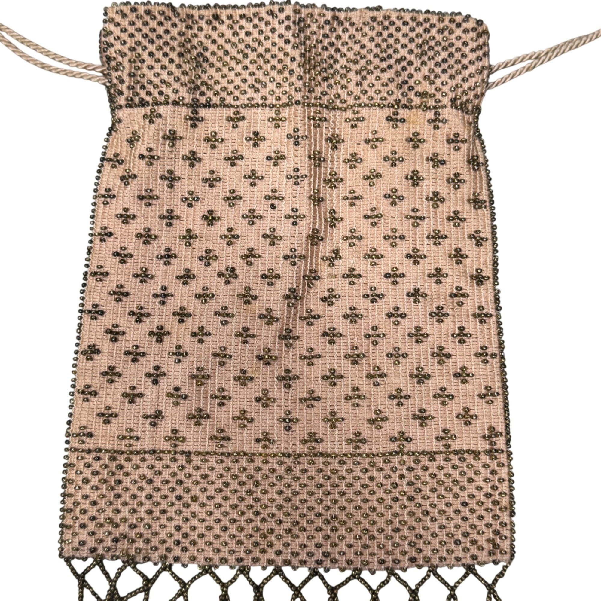 Antique 1920s Beaded Drawstring Evening Bag Change Coin Purse Gold White Rare