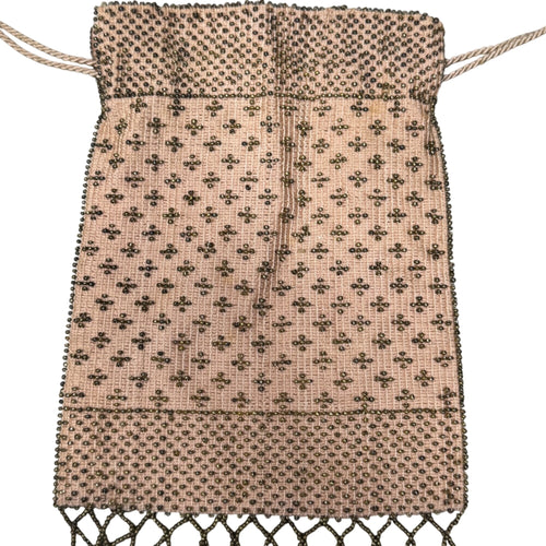 Antique 1920s Beaded Drawstring Evening Bag Change Coin Purse Gold White Rare