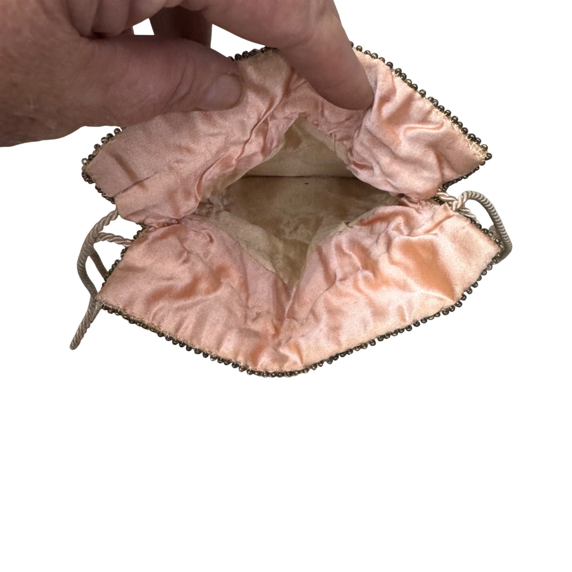Antique 1920s Beaded Drawstring Evening Bag Change Coin Purse Gold White Rare