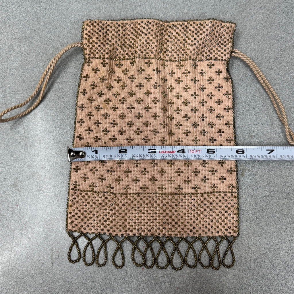 Antique 1920s Beaded Drawstring Evening Bag Change Coin Purse Gold White Rare
