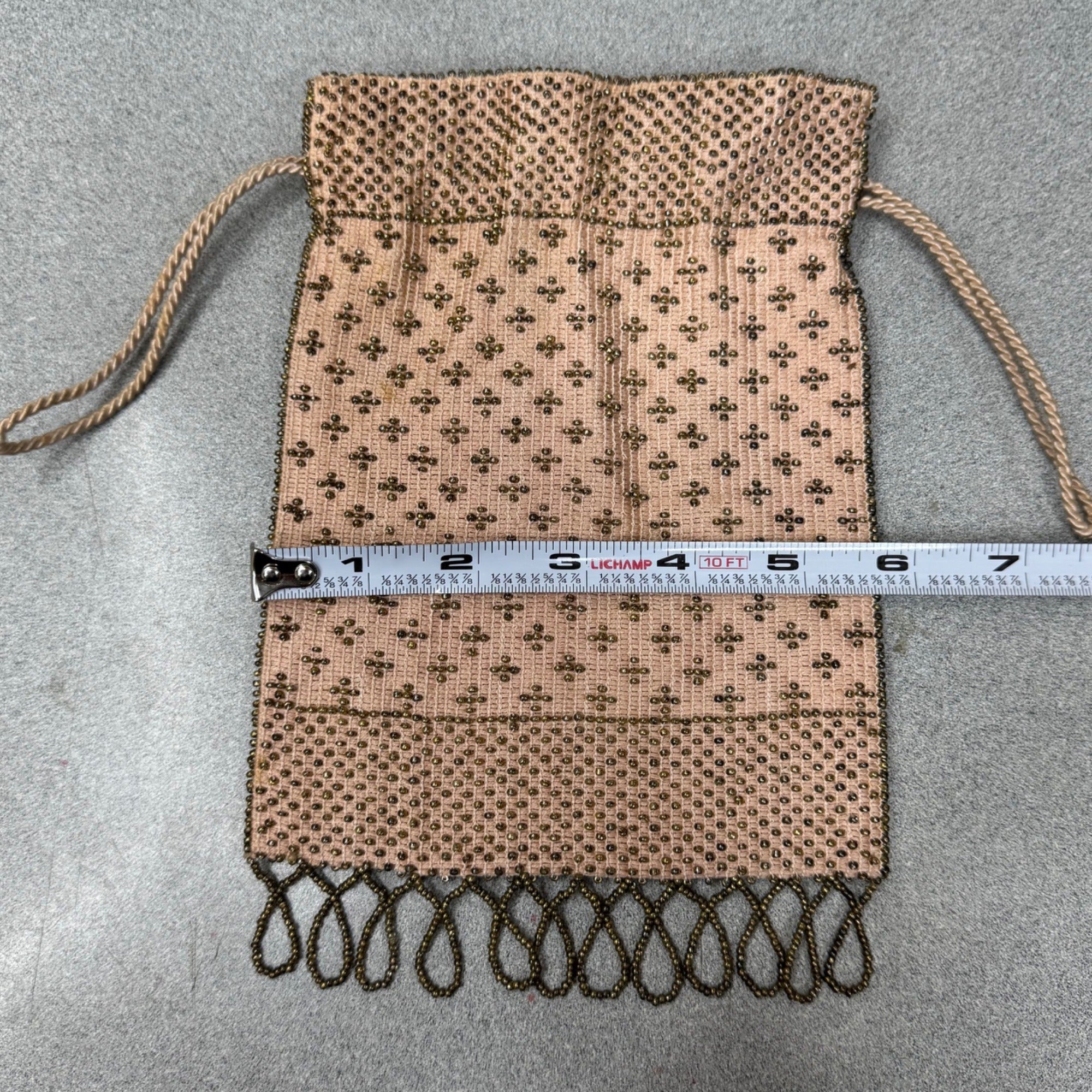 Antique 1920s Beaded Drawstring Evening Bag Change Coin Purse Gold White Rare