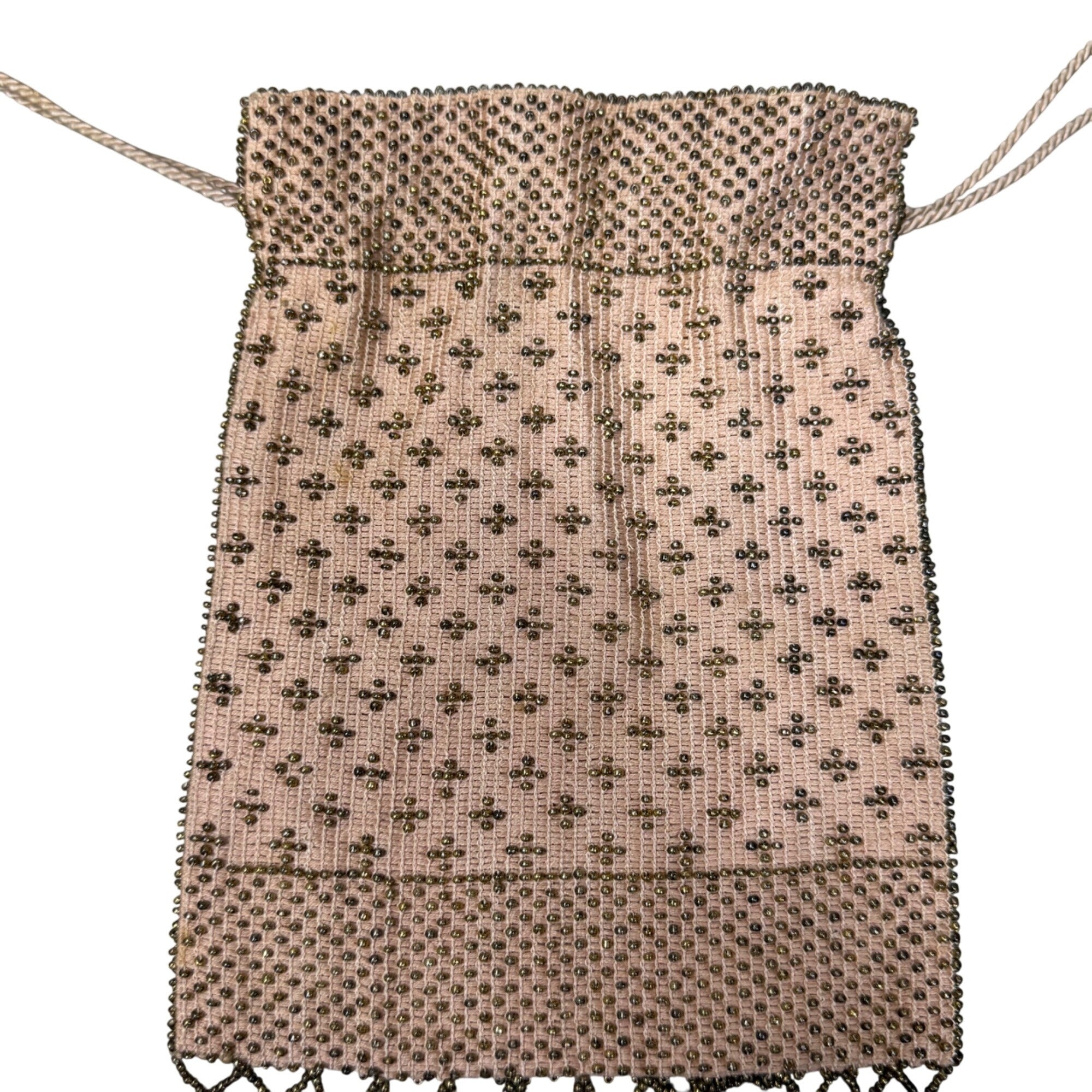Antique 1920s Beaded Drawstring Evening Bag Change Coin Purse Gold White Rare