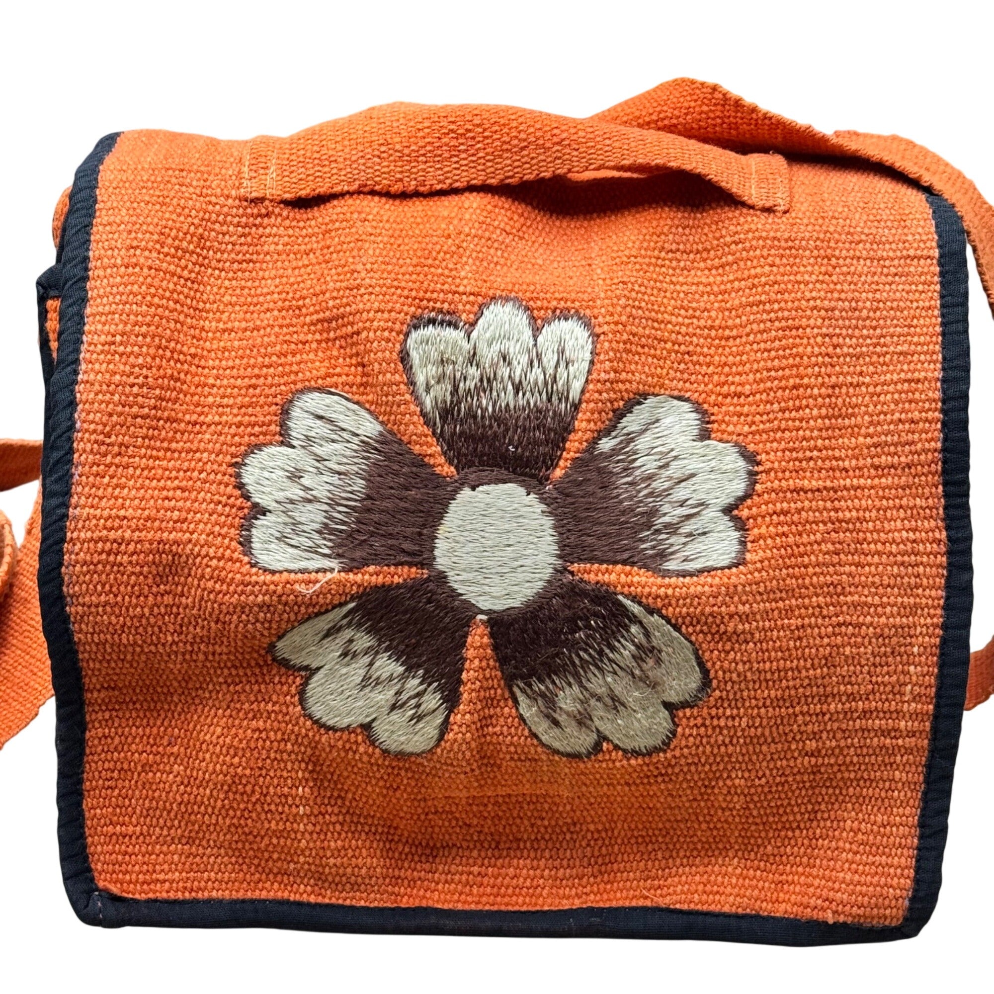 Vintage Boho Handwoven Orange Floral Flower Shoulder Crossbody Bag Embroidered
