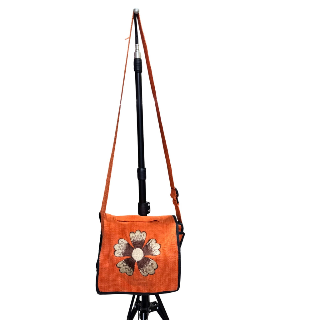 Vintage Boho Handwoven Orange Floral Flower Shoulder Crossbody Bag Embroidered