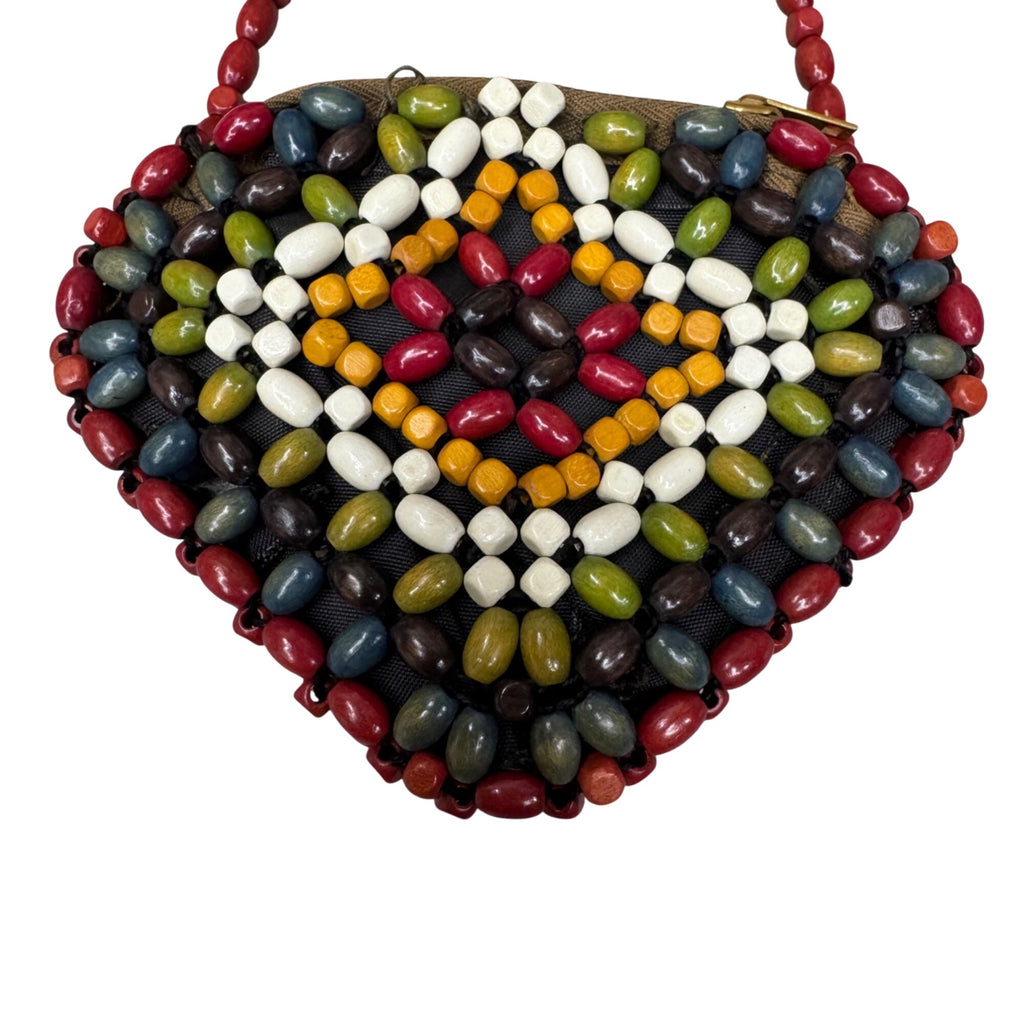 Wood Bead Hand Held Bag Coin Purse Suzanne Brand Made in Czechoslovakia Boho MCM