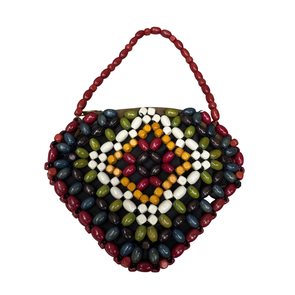 Wood Bead Hand Held Bag Coin Purse Suzanne Brand Made in Czechoslovakia Boho MCM