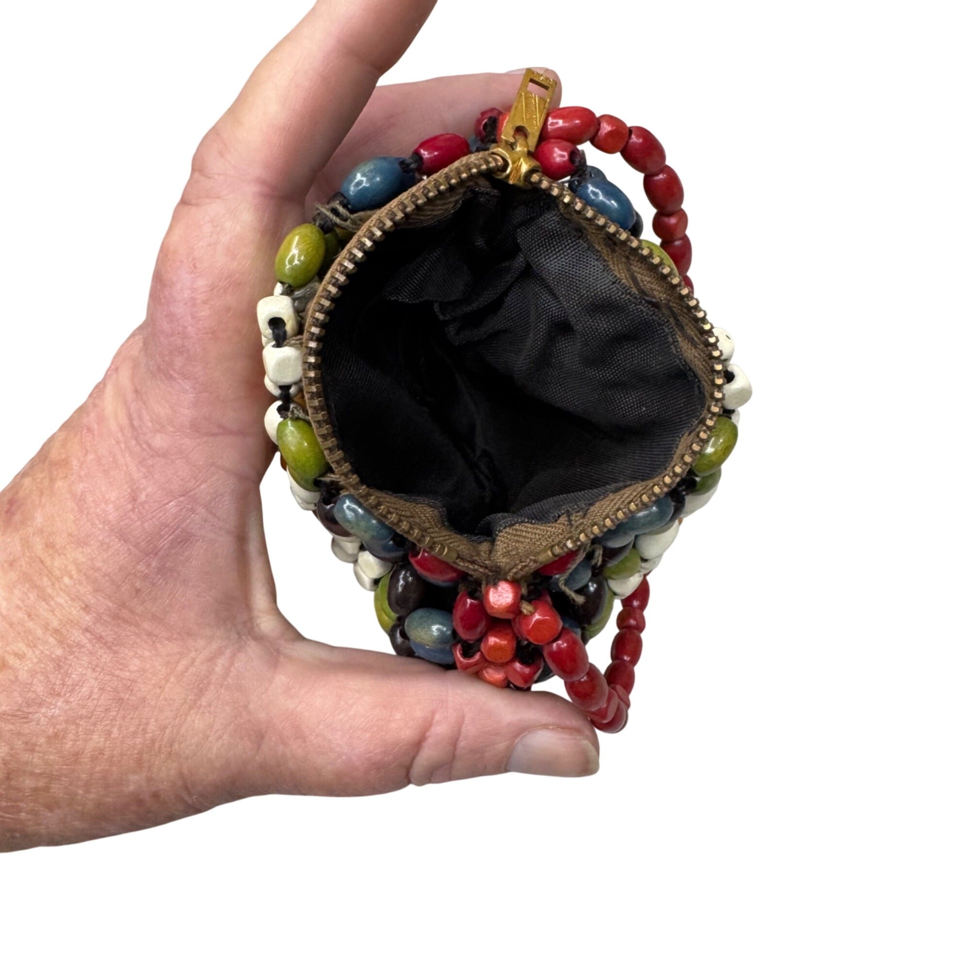 Wood Bead Hand Held Bag Coin Purse Suzanne Brand Made in Czechoslovakia Boho MCM
