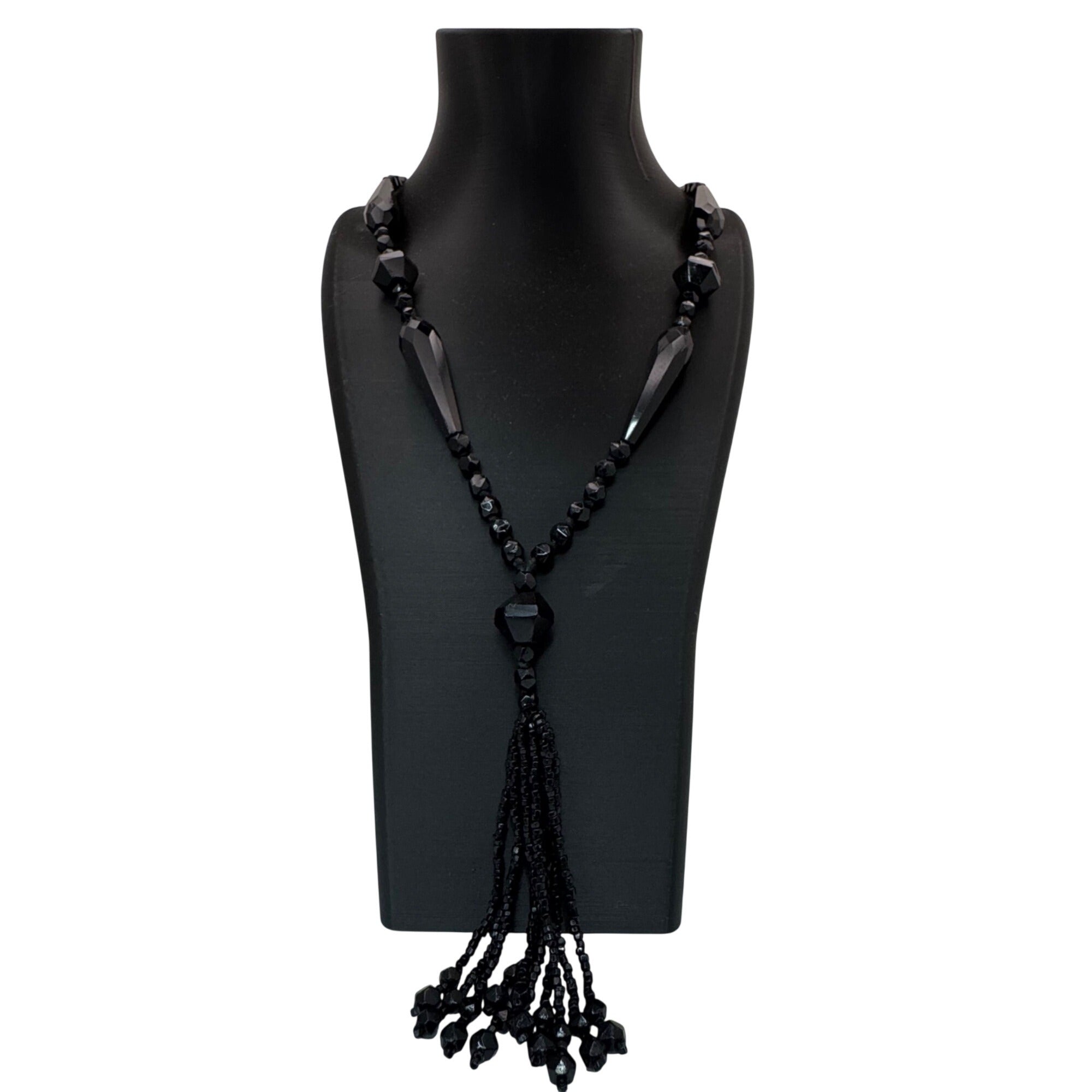 Antique Art Deco Black Beaded Tassel Necklace Faceted Glass Beads 32" Flapper