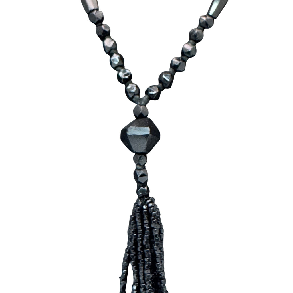 Antique Art Deco Black Beaded Tassel Necklace Faceted Glass Beads 32" Flapper