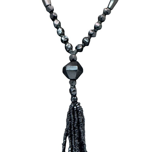 Antique Art Deco Black Beaded Tassel Necklace Faceted Glass Beads 32" Flapper