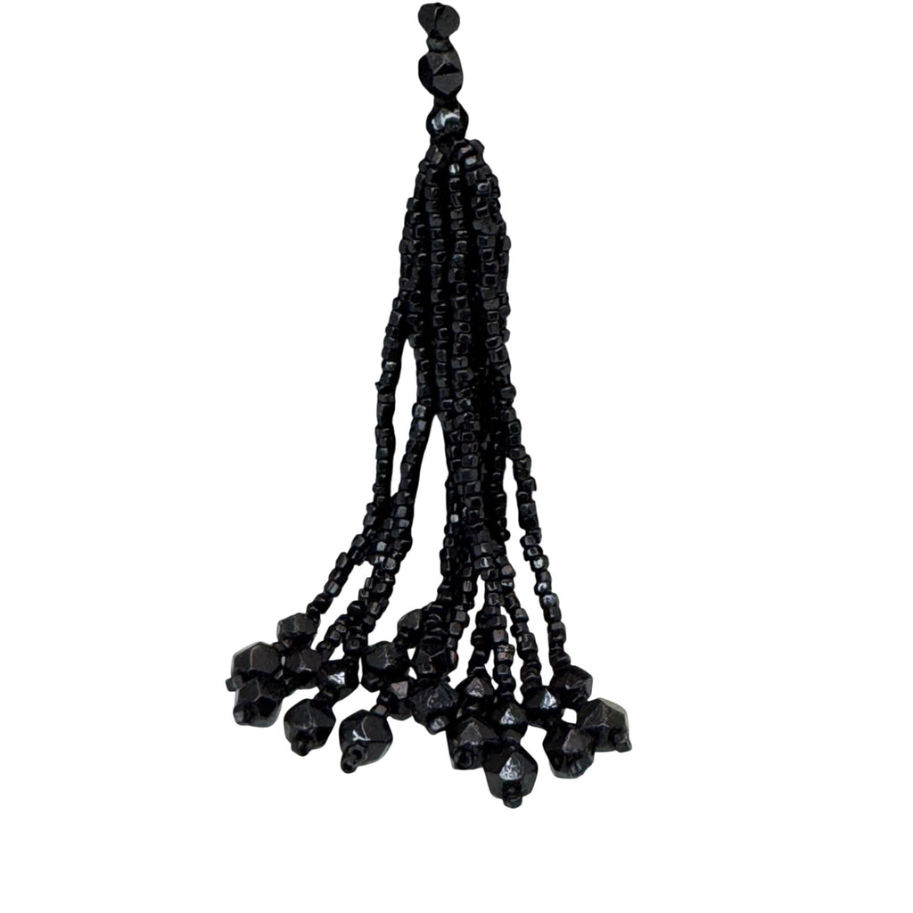 Antique Art Deco Black Beaded Tassel Necklace Faceted Glass Beads 32" Flapper