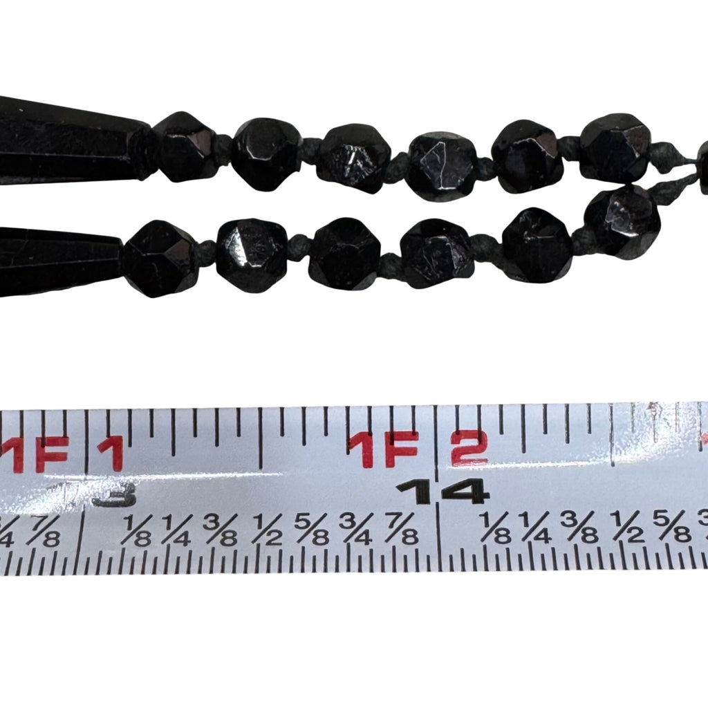 Antique Art Deco Black Beaded Tassel Necklace Faceted Glass Beads 32" Flapper