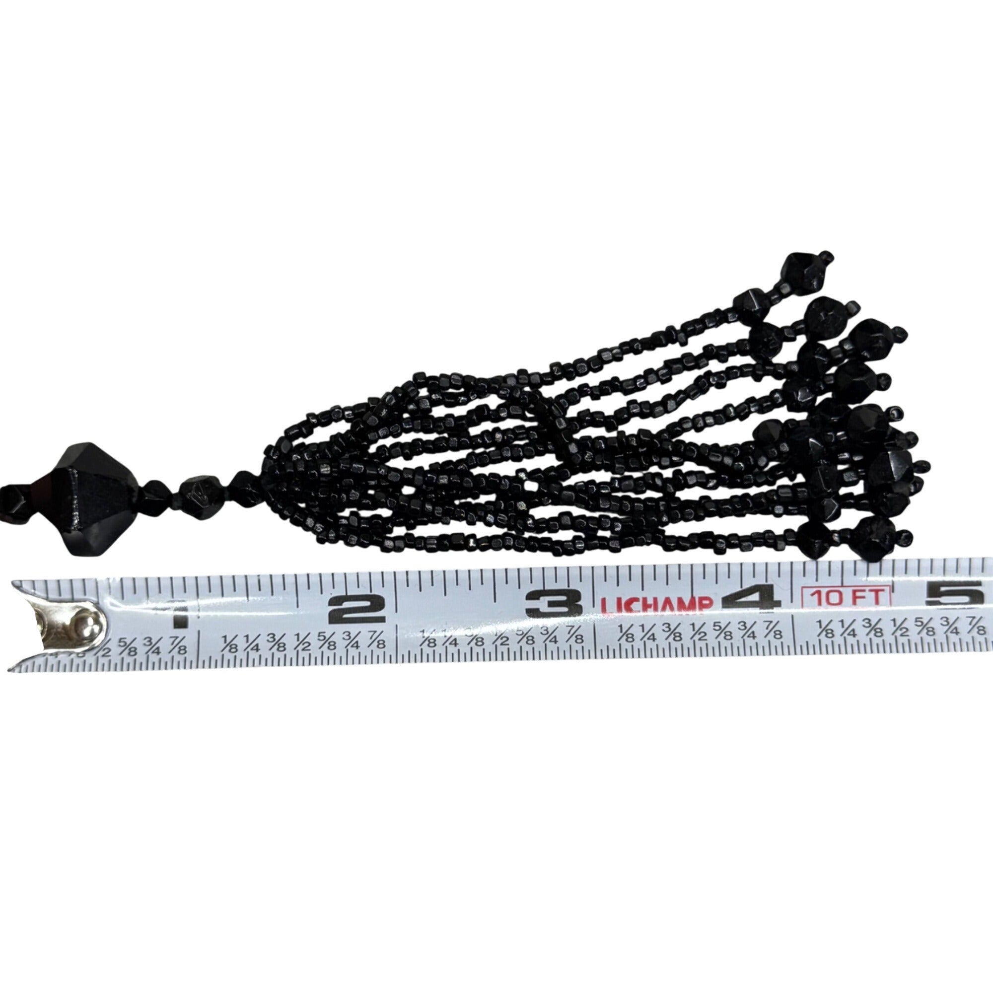 Antique Art Deco Black Beaded Tassel Necklace Faceted Glass Beads 32" Flapper