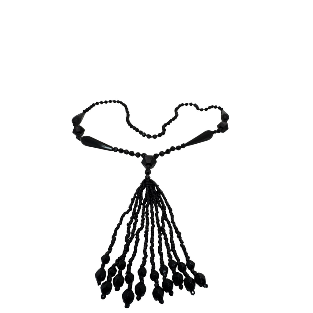 Antique Art Deco Black Beaded Tassel Necklace Faceted Glass Beads 32" Flapper