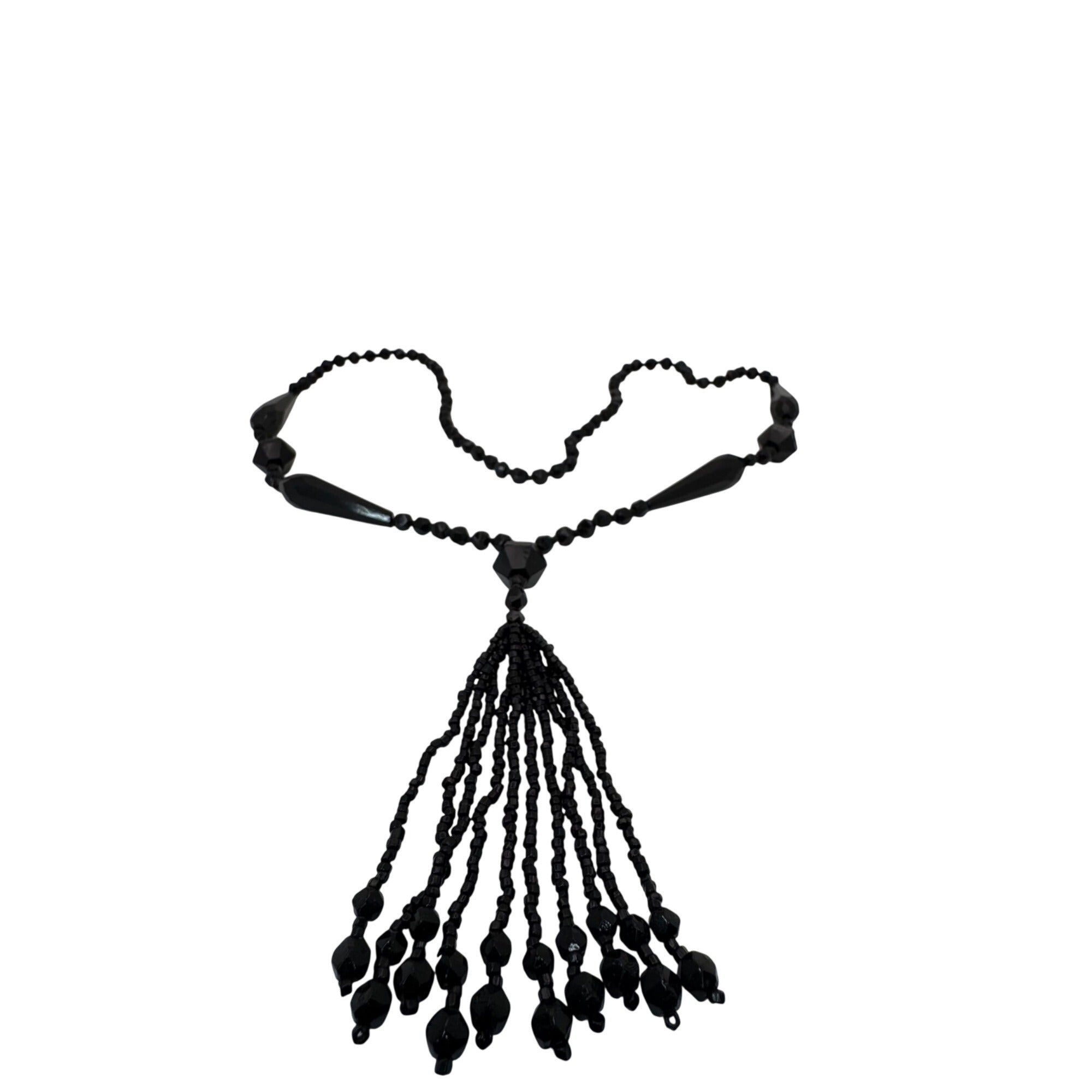Antique Art Deco Black Beaded Tassel Necklace Faceted Glass Beads 32" Flapper