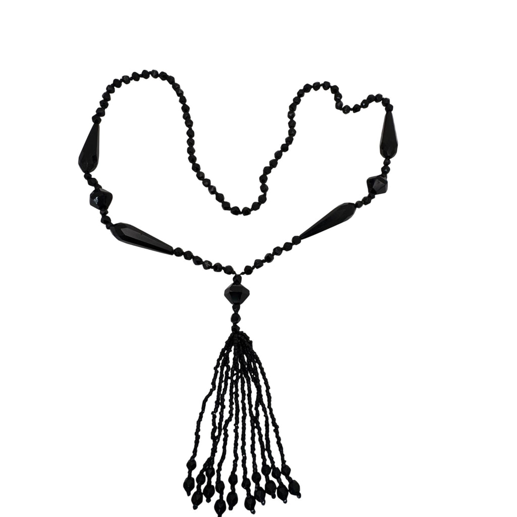 Antique Art Deco Black Beaded Tassel Necklace Faceted Glass Beads 32" Flapper