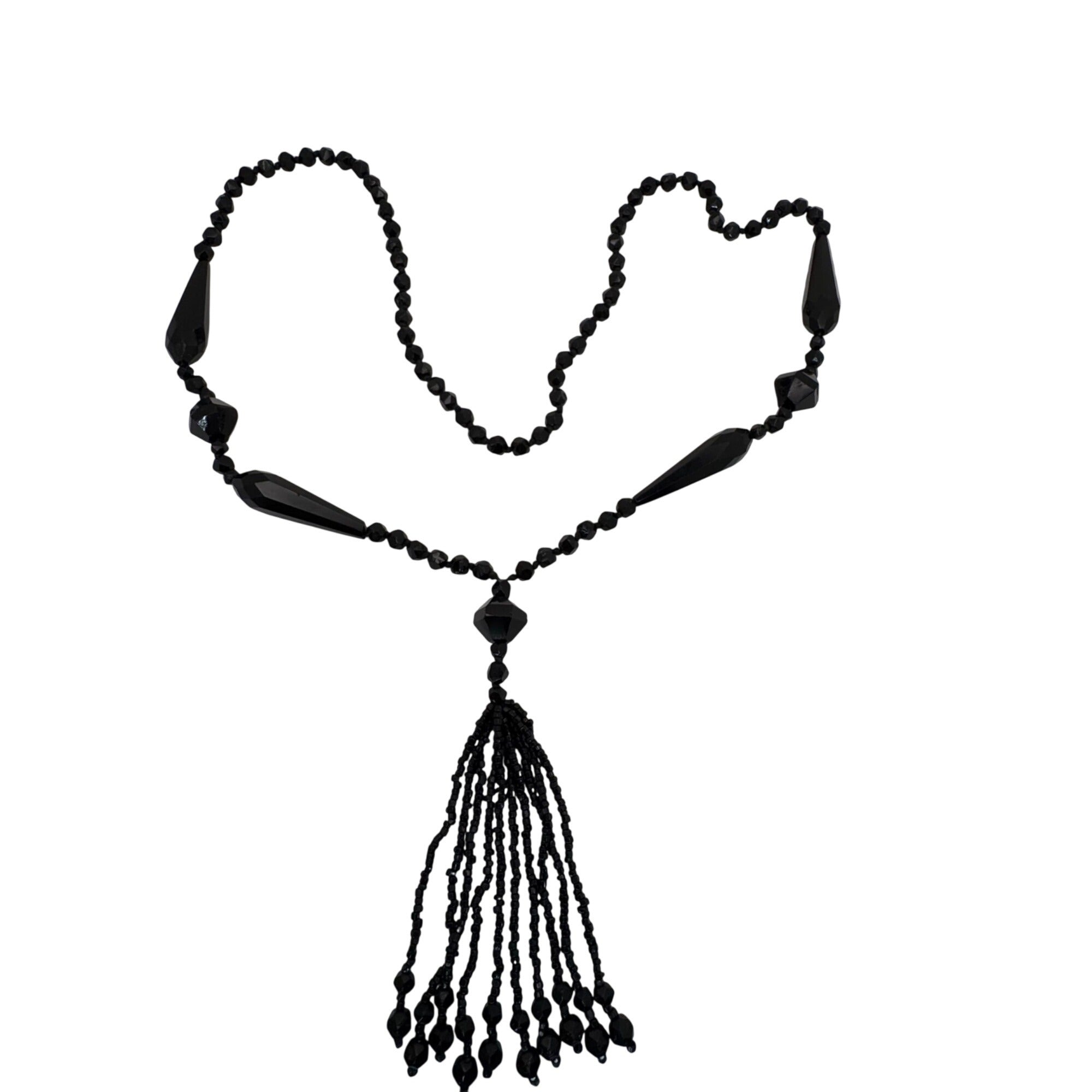 Antique Art Deco Black Beaded Tassel Necklace Faceted Glass Beads 32" Flapper
