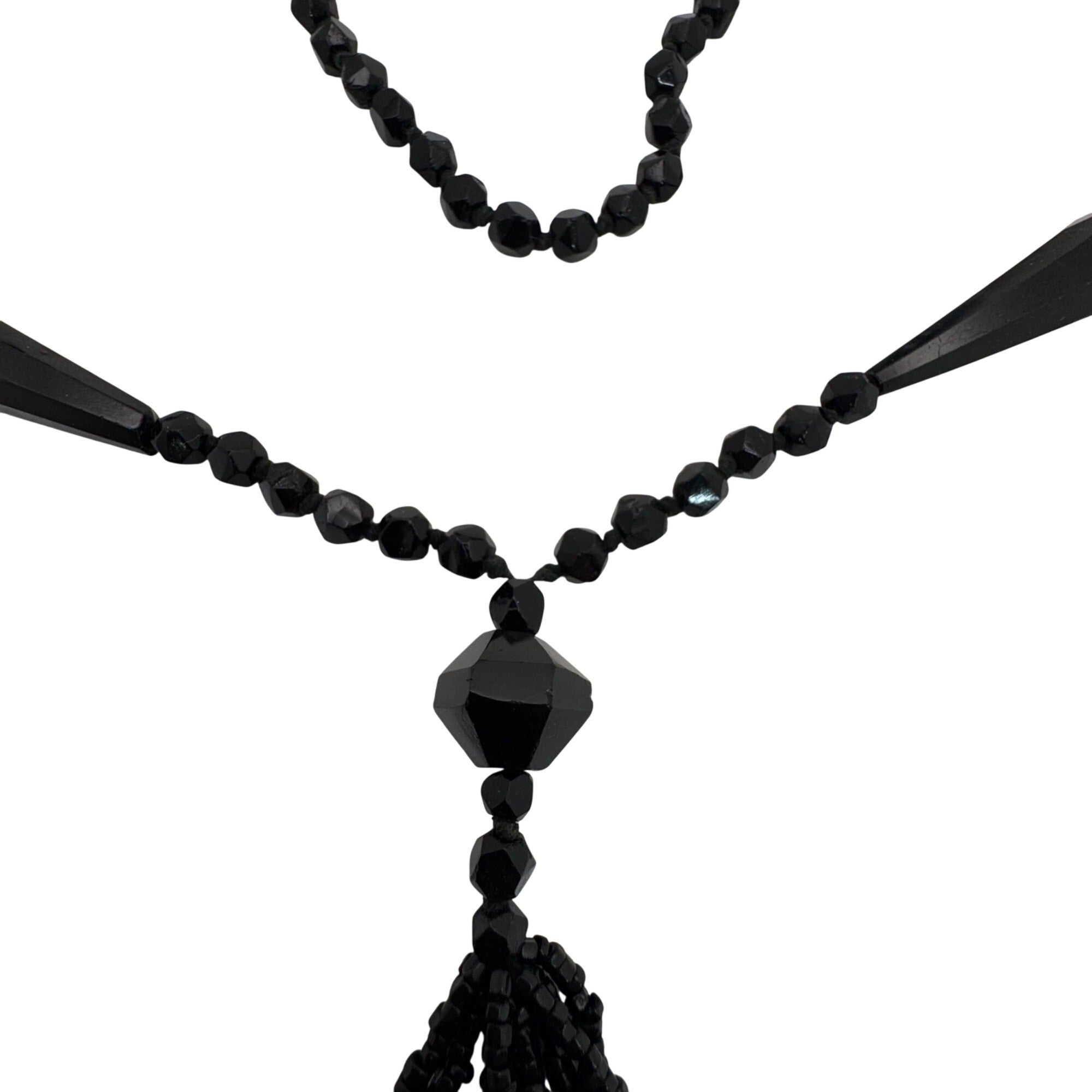 Antique Art Deco Black Beaded Tassel Necklace Faceted Glass Beads 32" Flapper