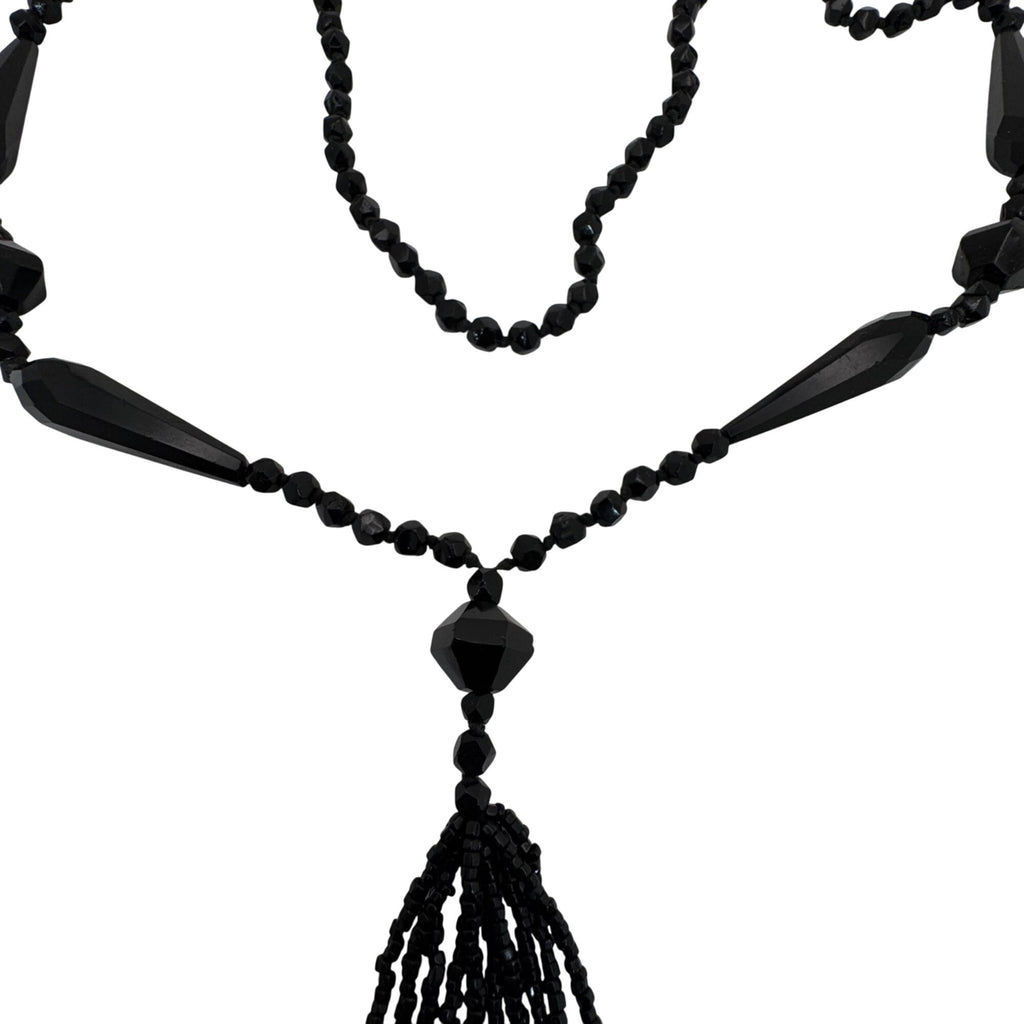 Antique Art Deco Black Beaded Tassel Necklace Faceted Glass Beads 32" Flapper