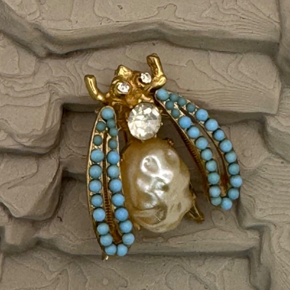 Florenza Fly Bug Brooch Faux Pearl Body Turquoise Bead Wings Rhinestone Vintage