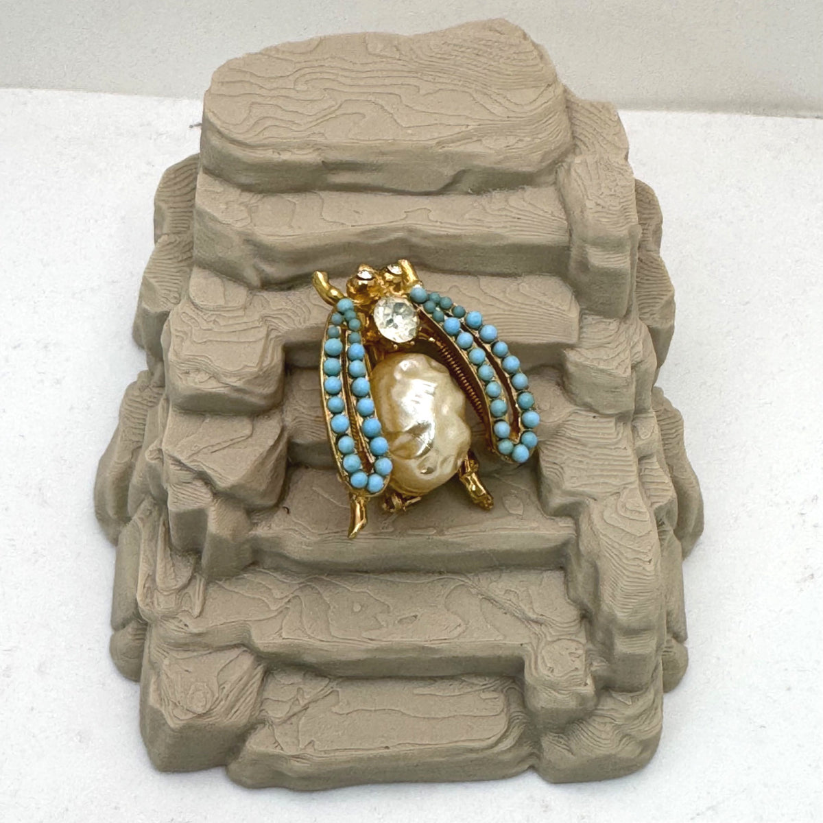 Florenza Fly Bug Brooch Faux Pearl Body Turquoise Bead Wings Rhinestone Vintage