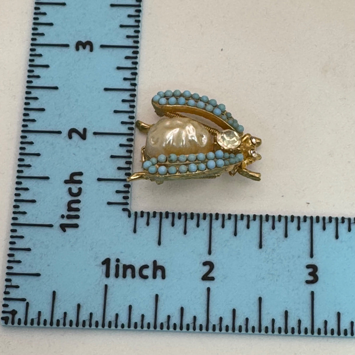 Florenza Fly Bug Brooch Faux Pearl Body Turquoise Bead Wings Rhinestone Vintage