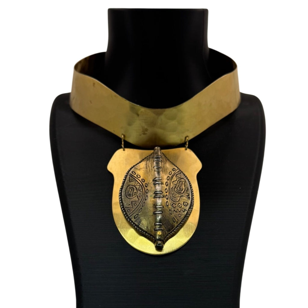 Vintage Brass Silver Ethiopian Statement Necklace Hammered Tribal Design Pendant