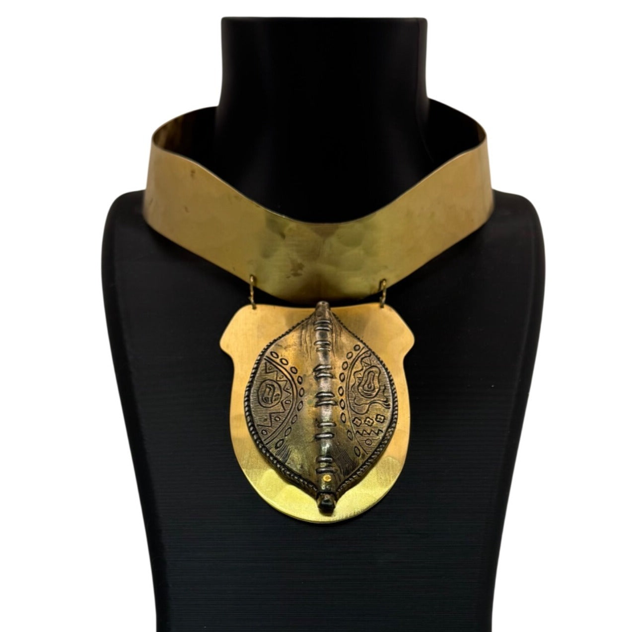 Vintage Brass Silver Ethiopian Statement Necklace Hammered Tribal Design Pendant